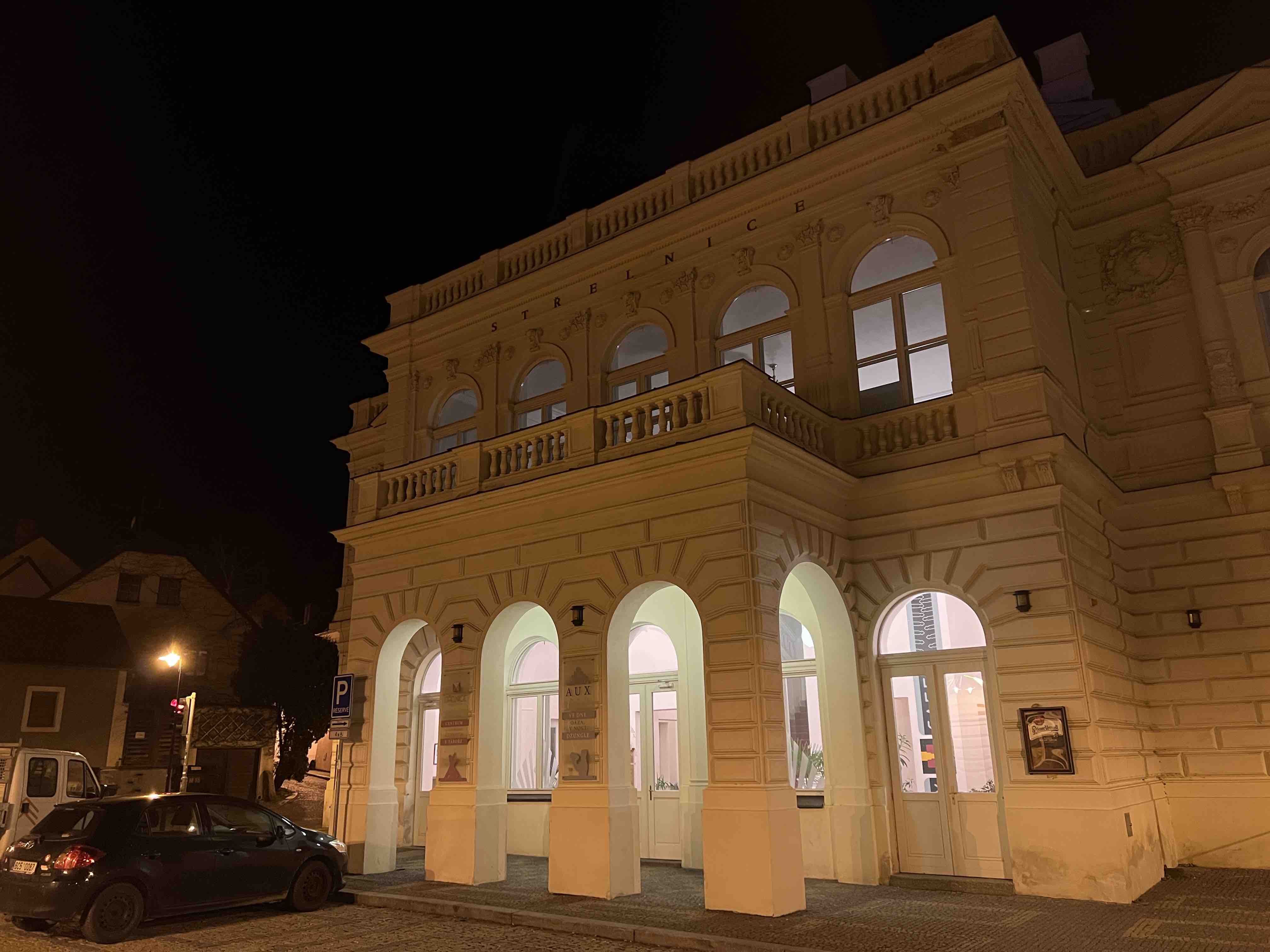 lit building facade at night