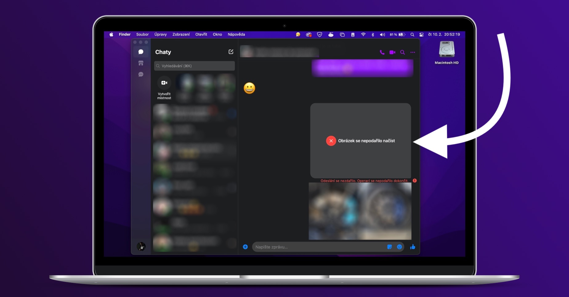 messenger chyba při odesílání obrázků