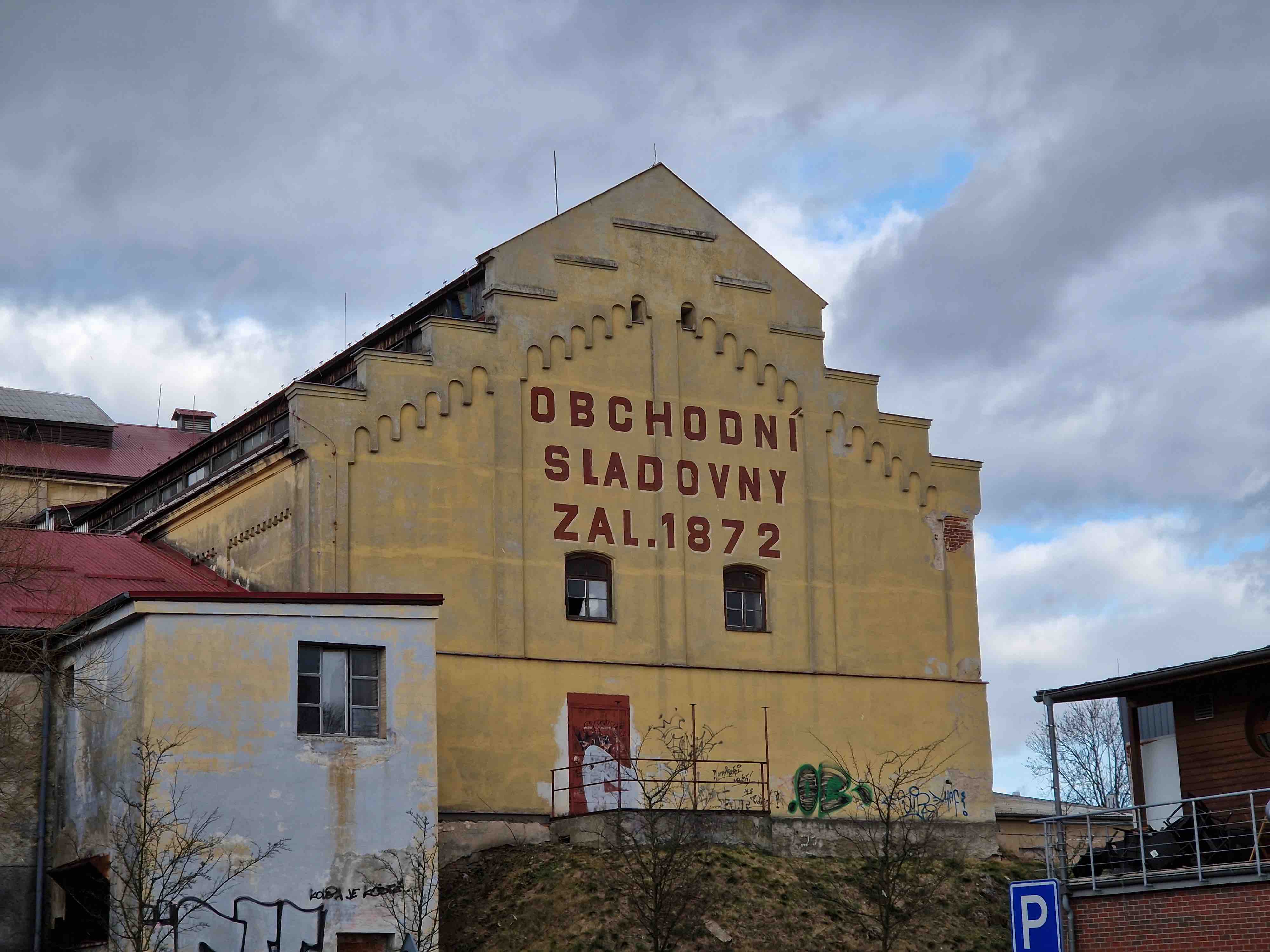 old industrial building with sign