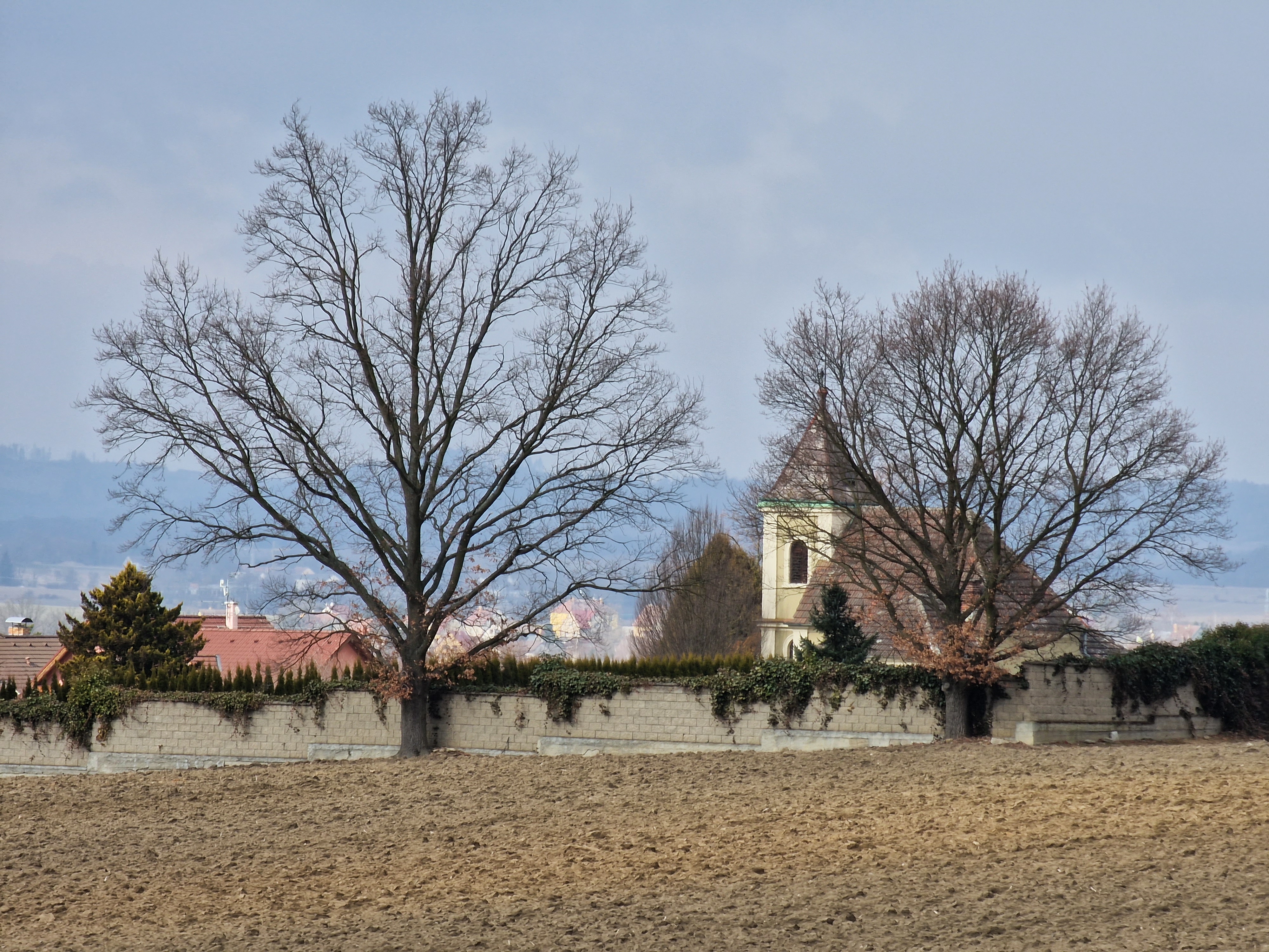 church and trees in rural landscape