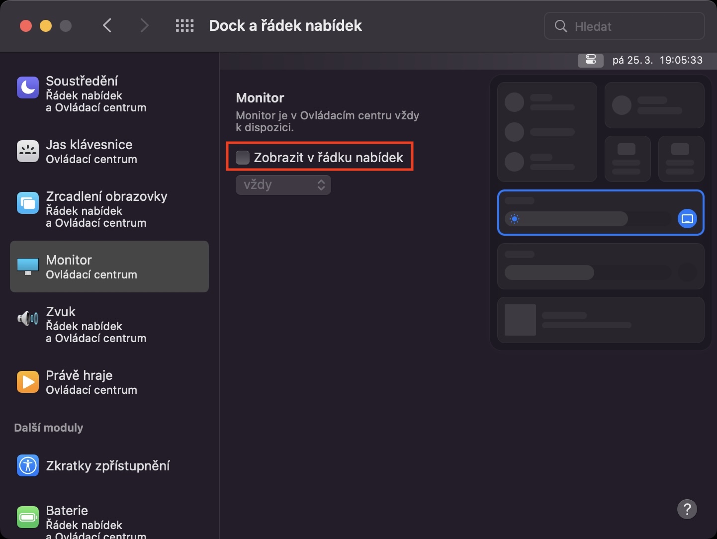 jas v horní liště mac