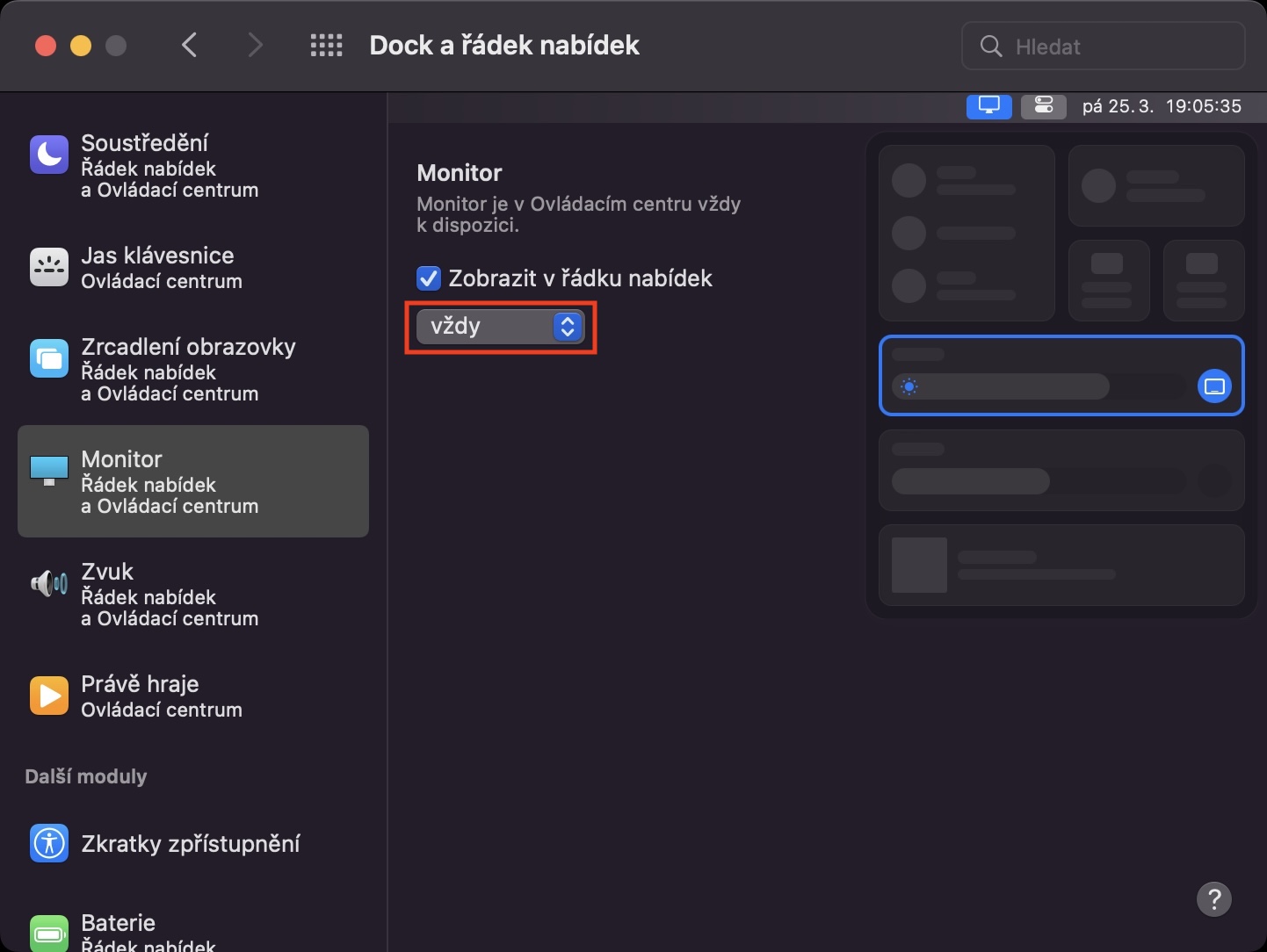 jas v horní liště mac