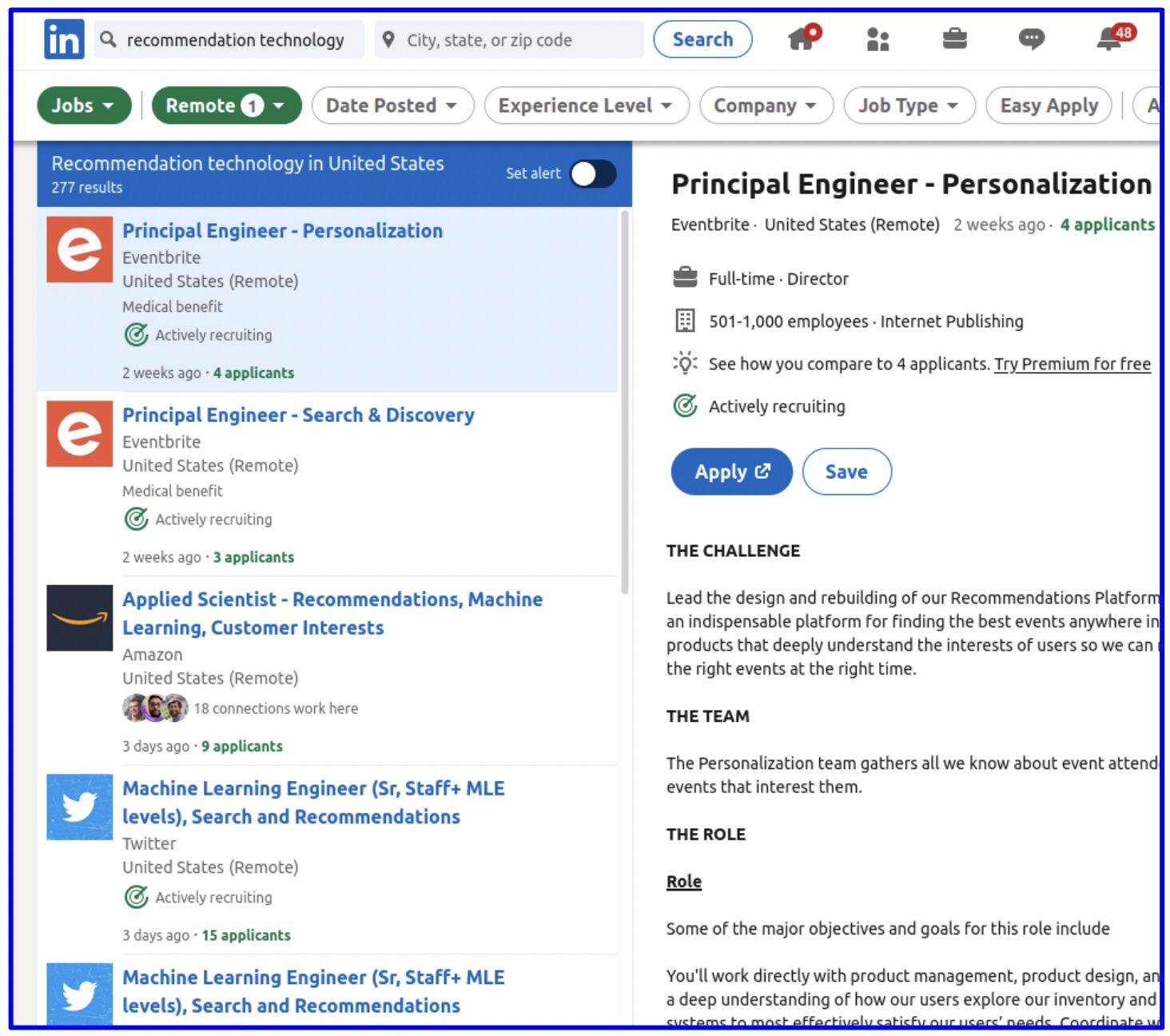 linkedin job listings page