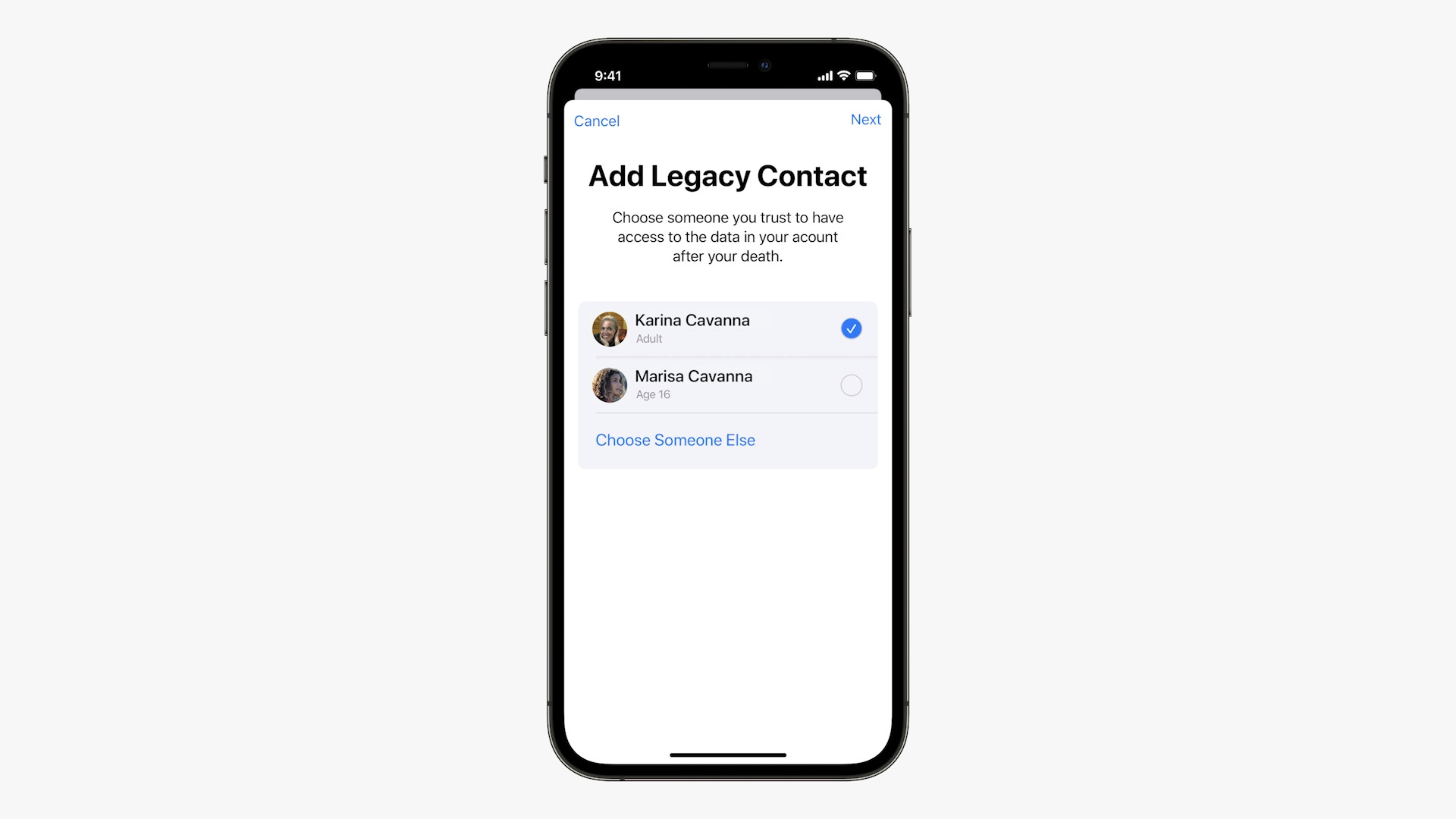 add legacy contact screen