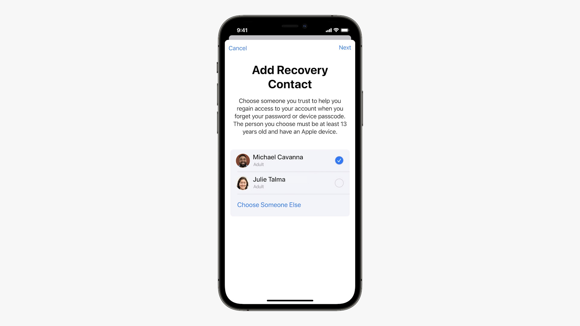 add recovery contact screen