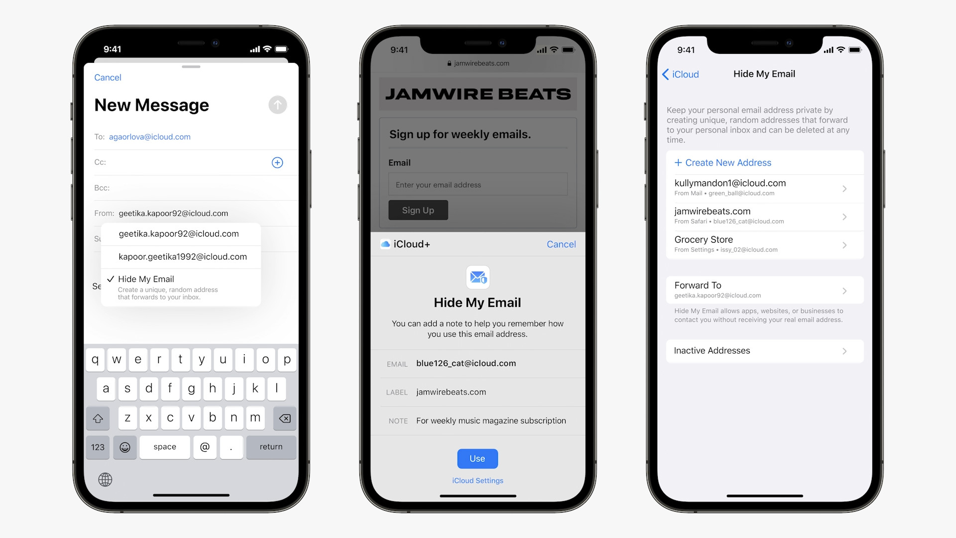 hide my email interface