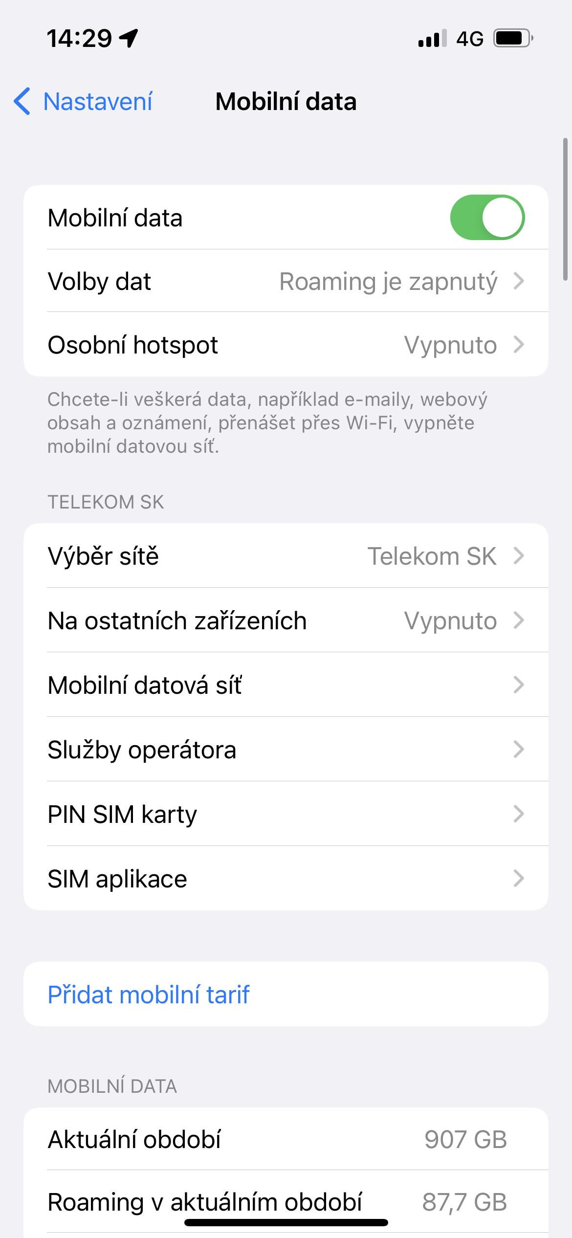 mobile data settings screen