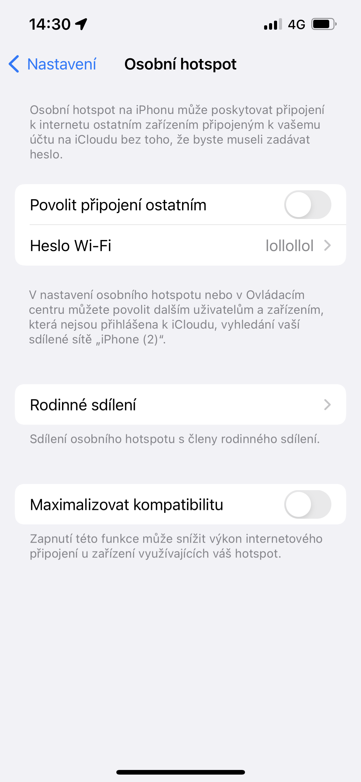 personal hotspot settings screen