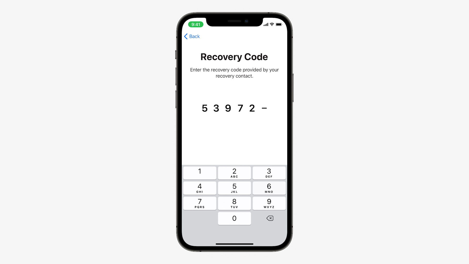 recovery code entry screen