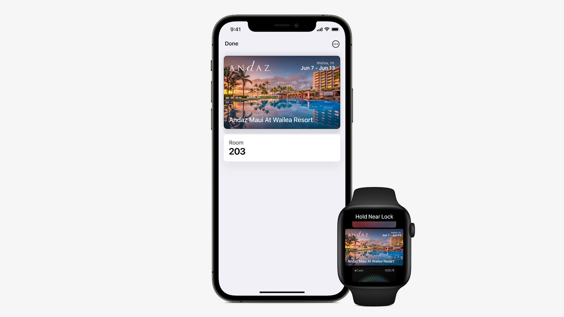 smartphone and watch with hotel room info