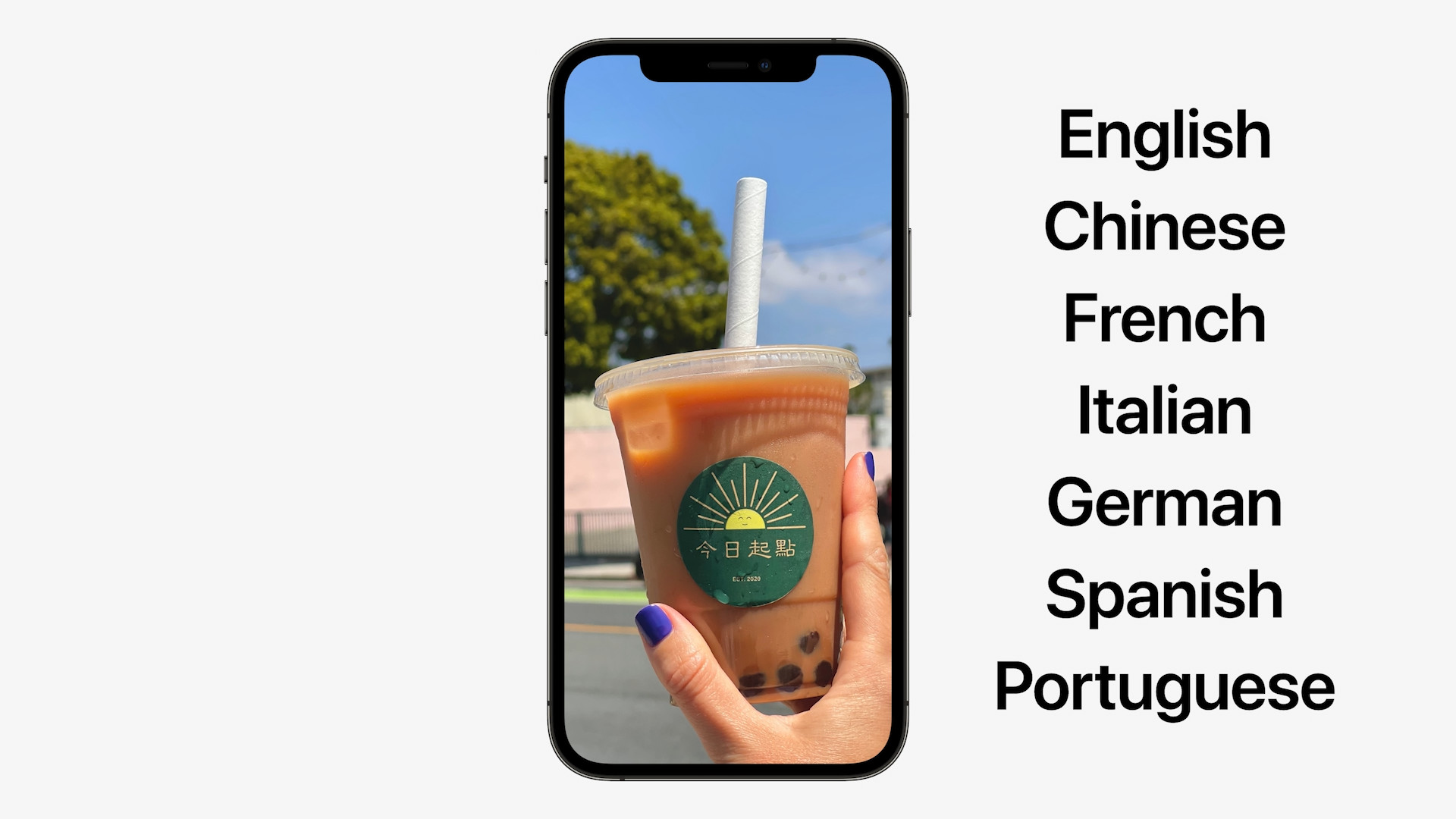 smartphone with bubble tea and languages