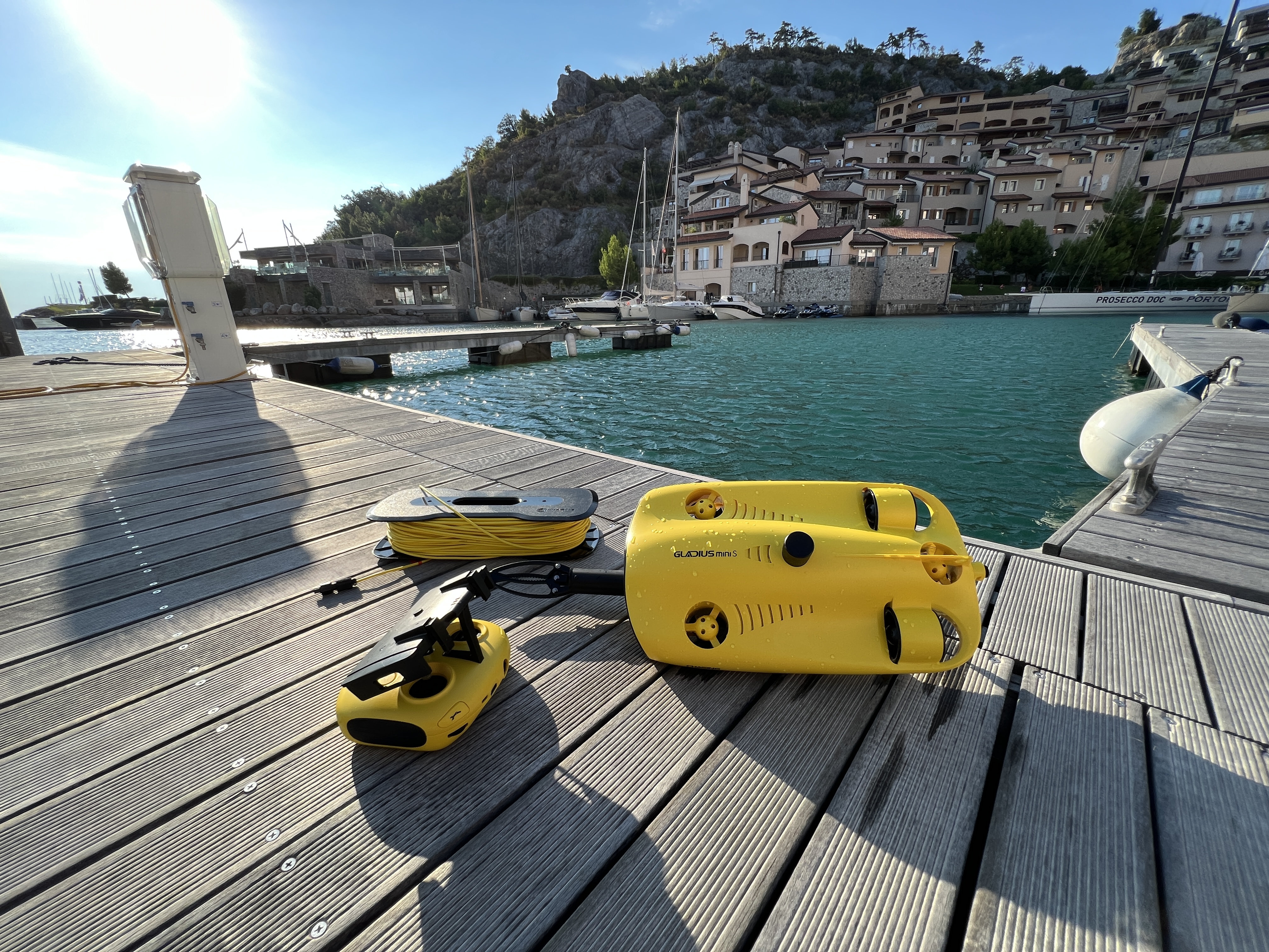 drone on dock with harbor view