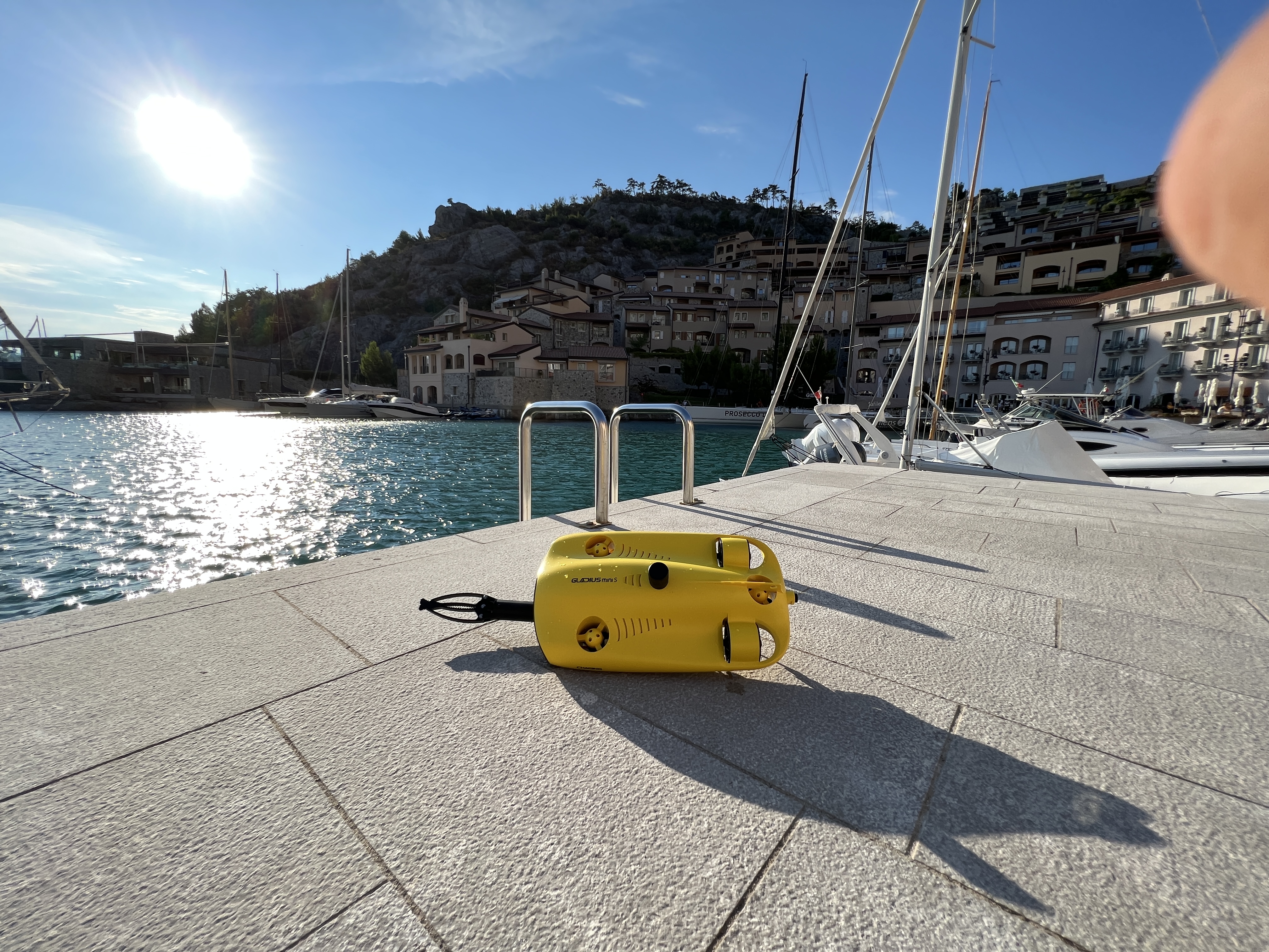 drone on dock with sunlight