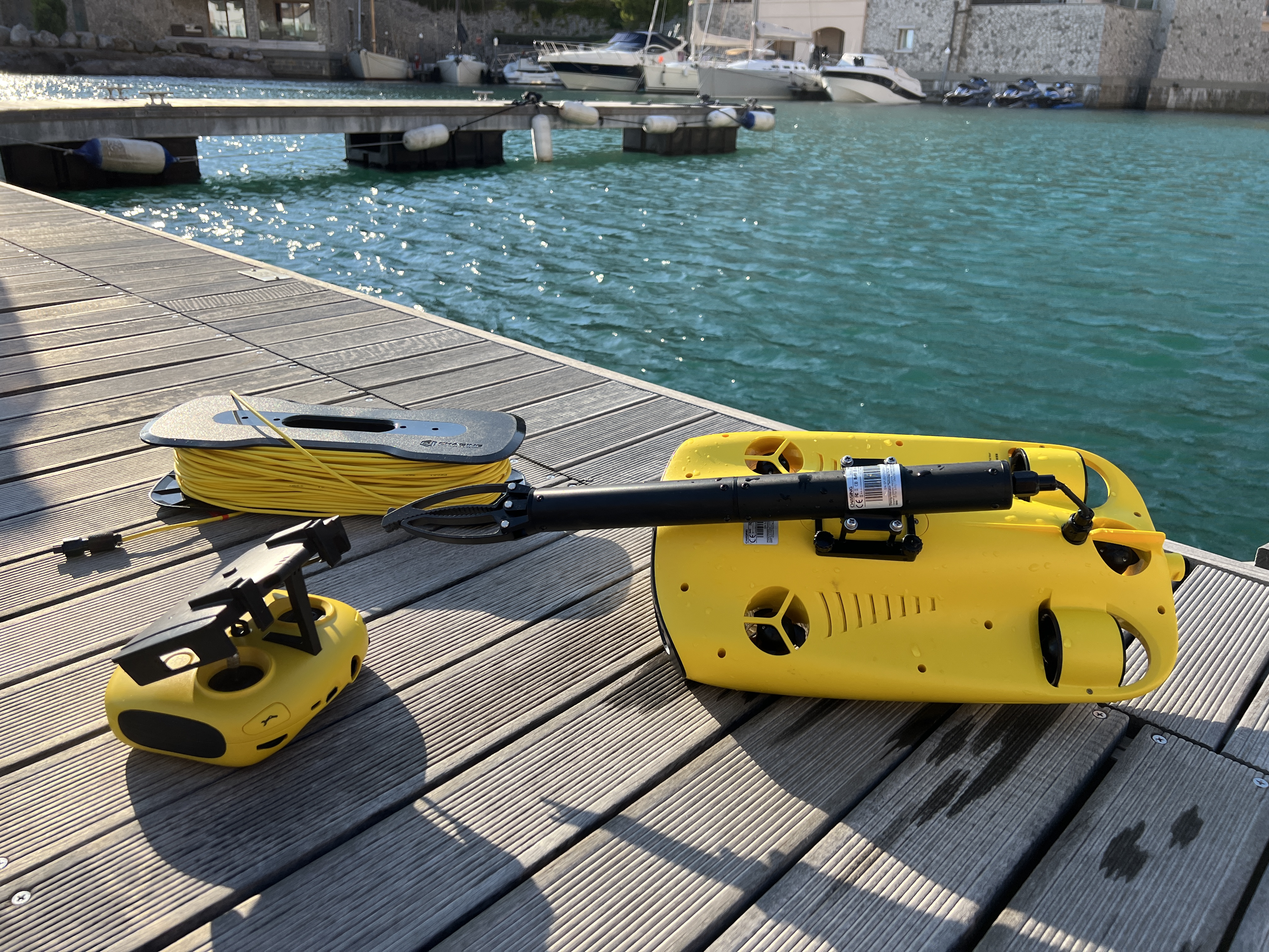 underwater drone equipment on dock