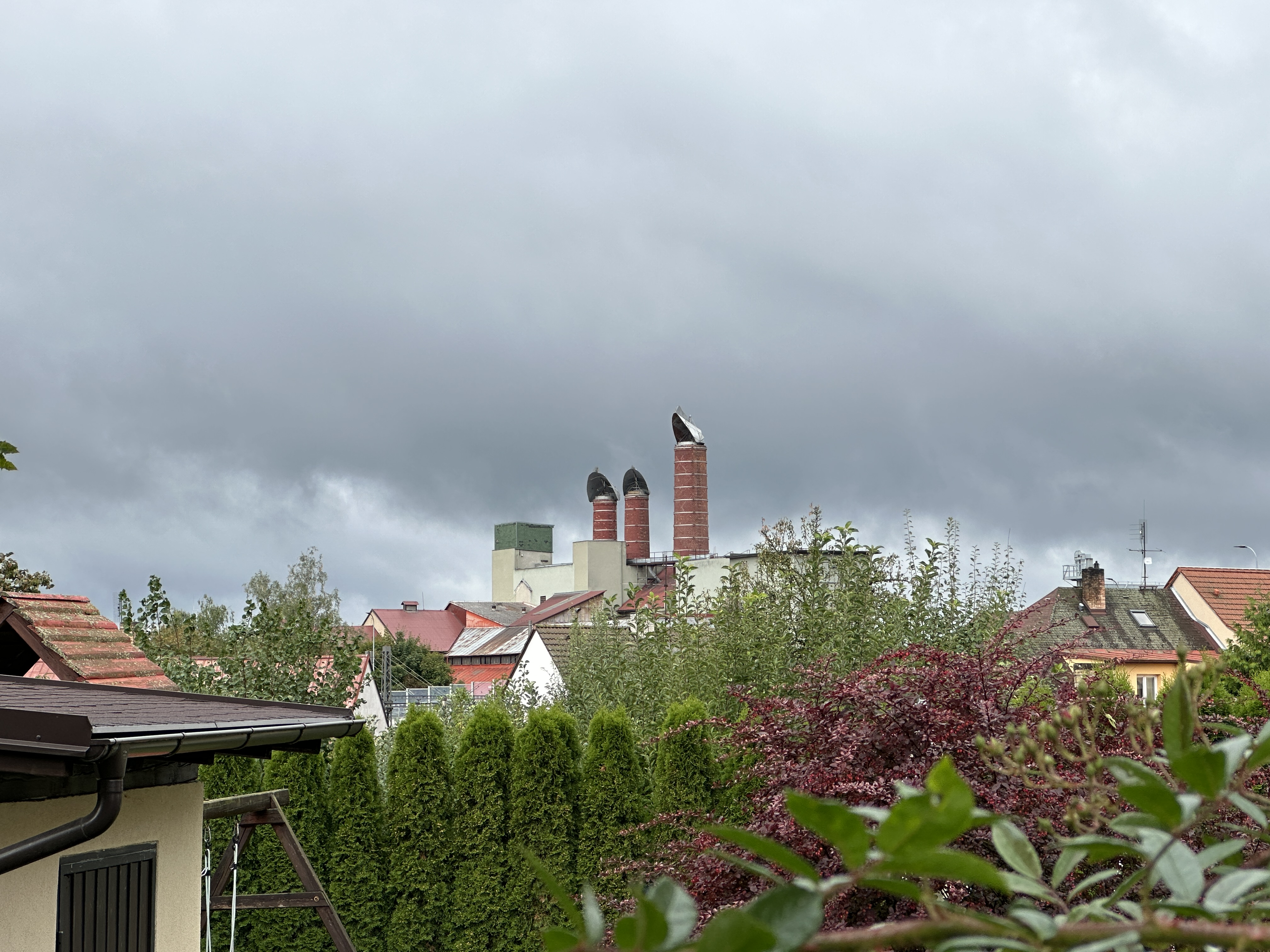 chimneys over trees cloudy