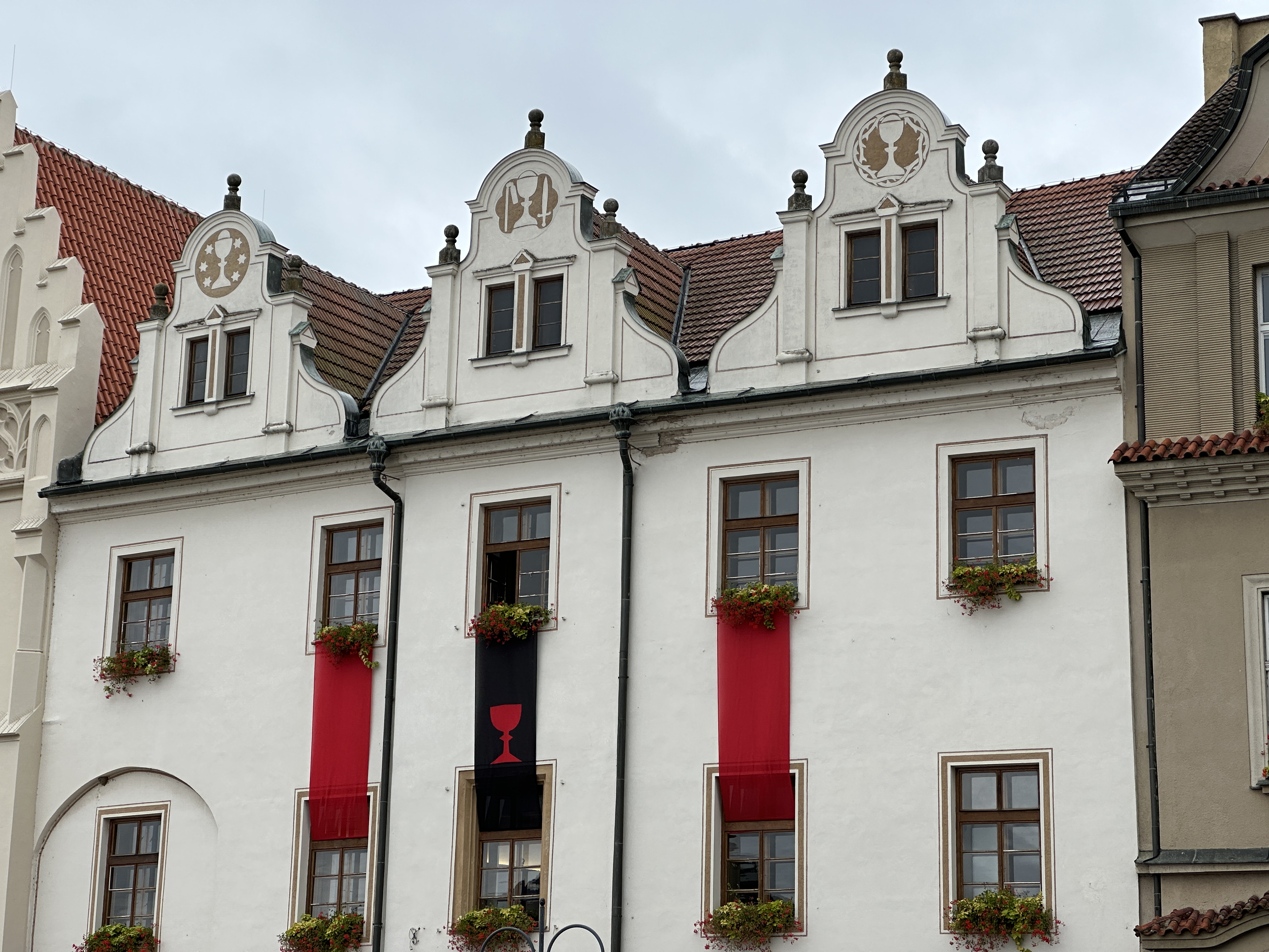 decorative building facade with banners