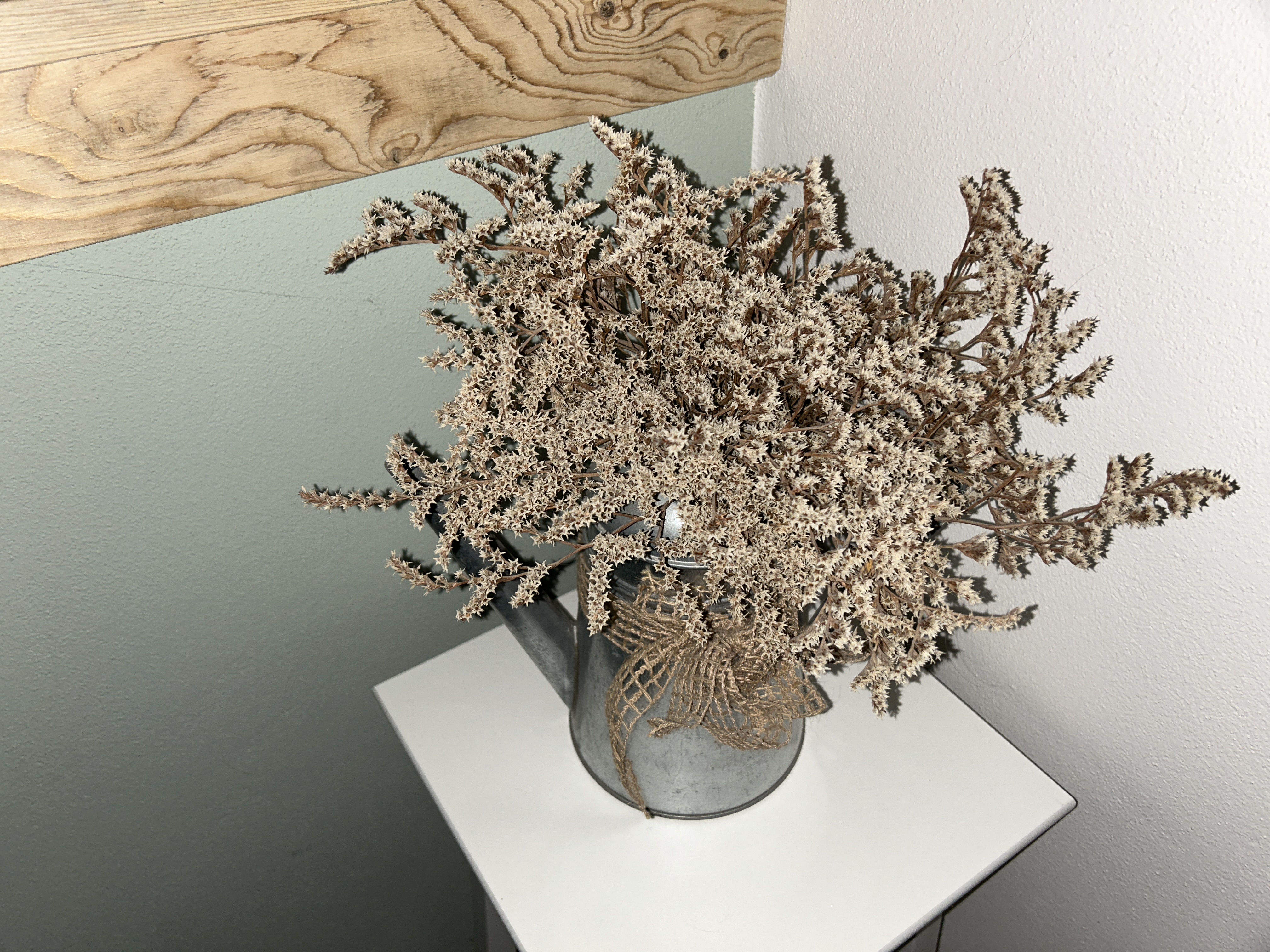 dried flowers in metal jug bright light