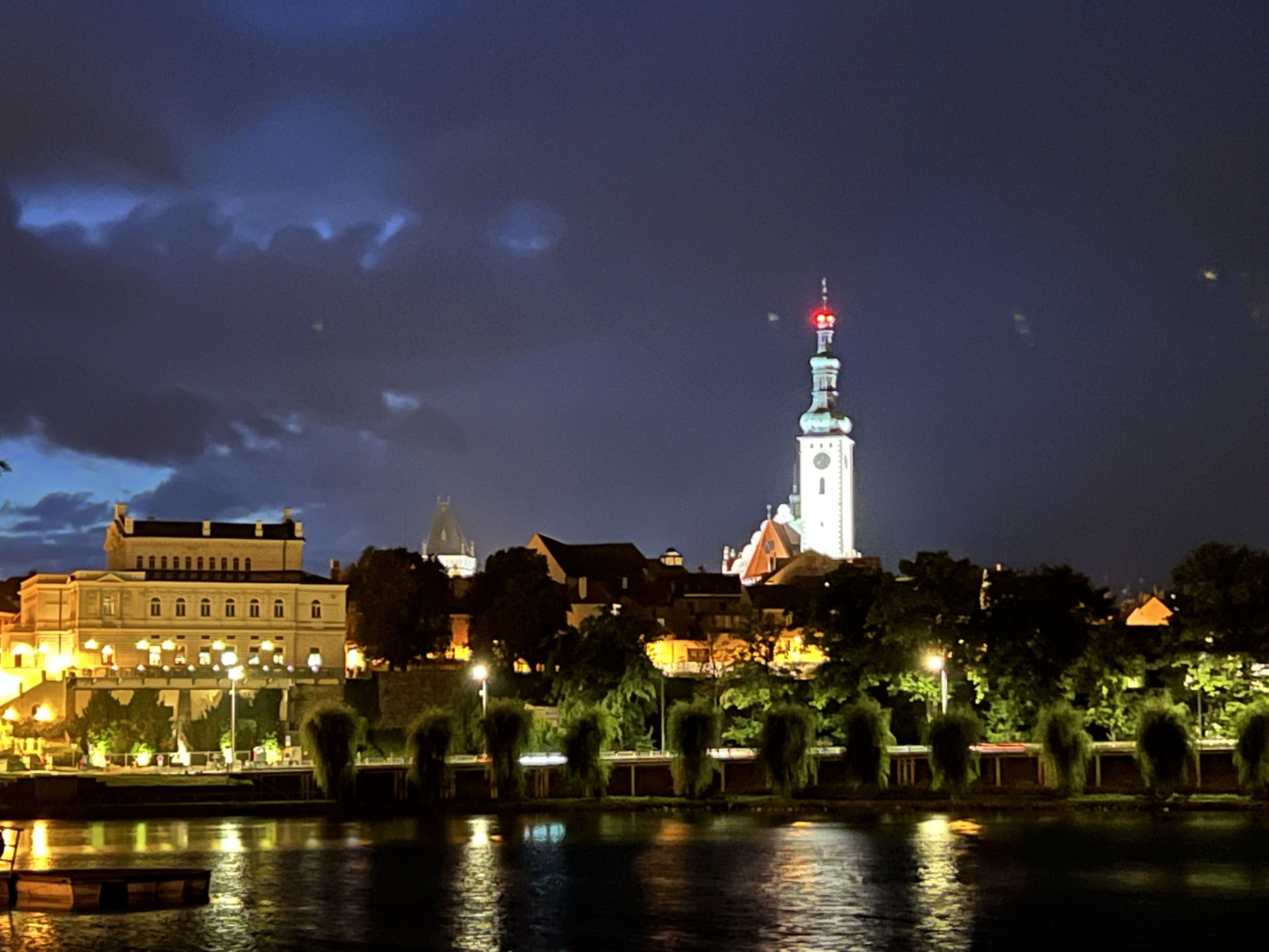 illuminated city tower at night