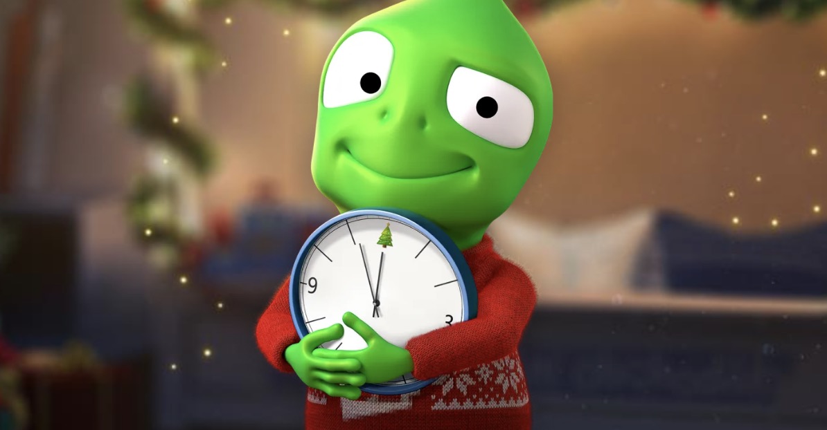 green character holding clock