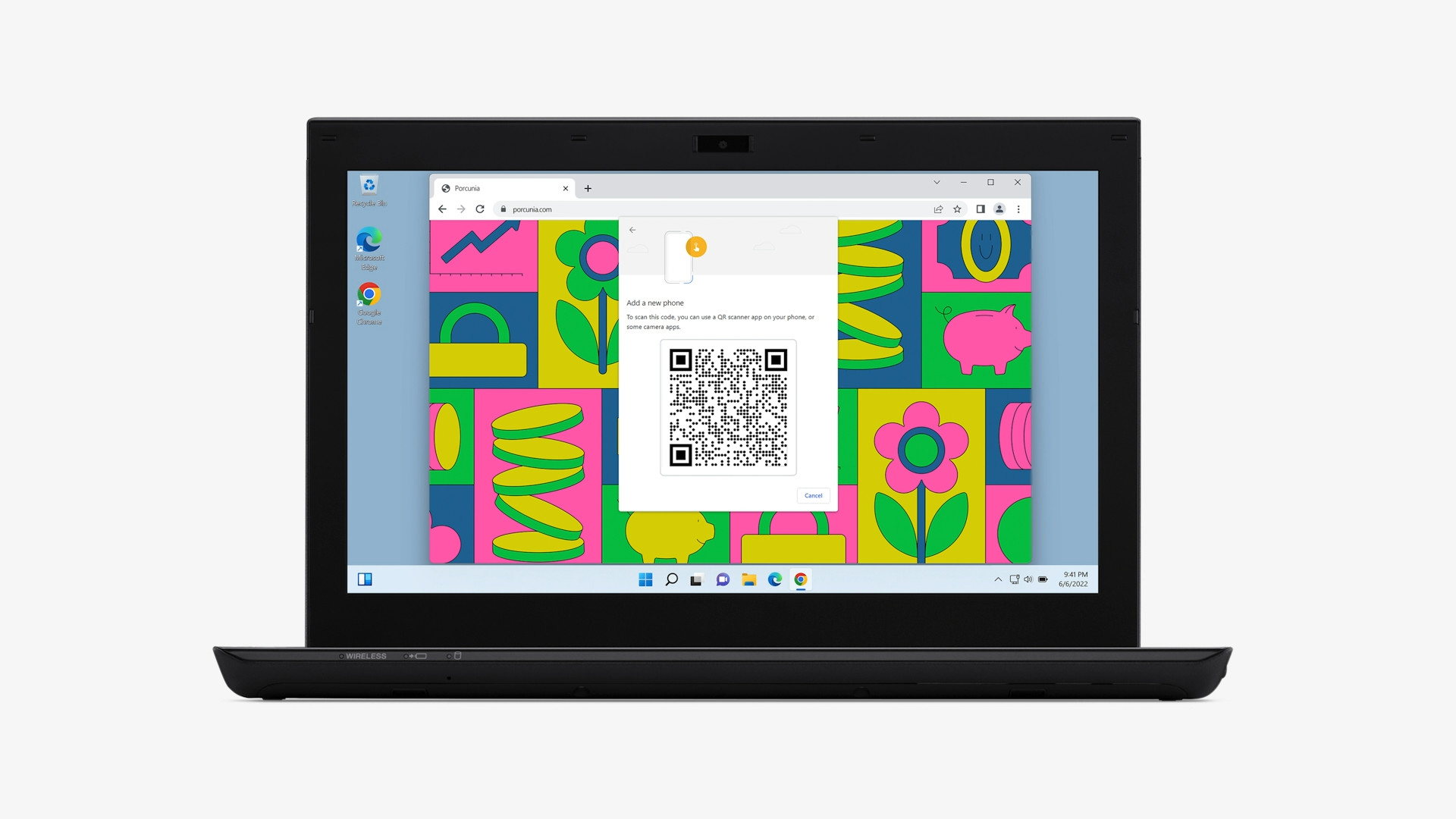 laptop with qr code and colorful background