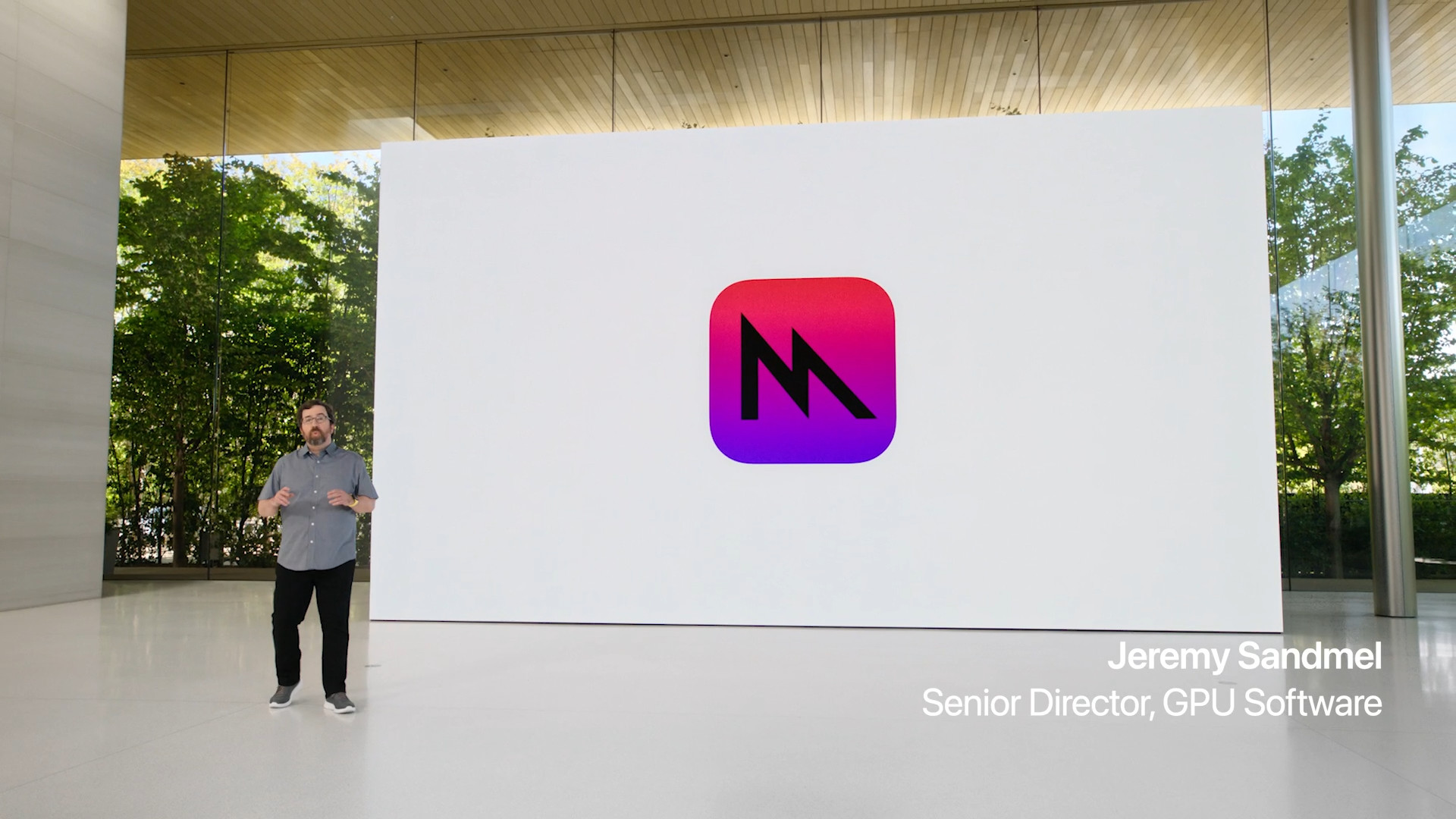 presentation with metal logo and speaker