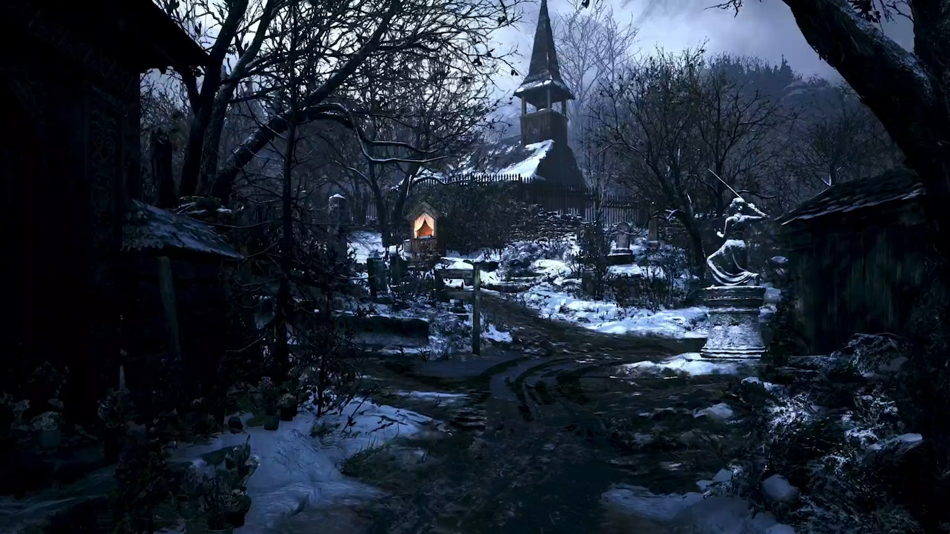 snowy village church