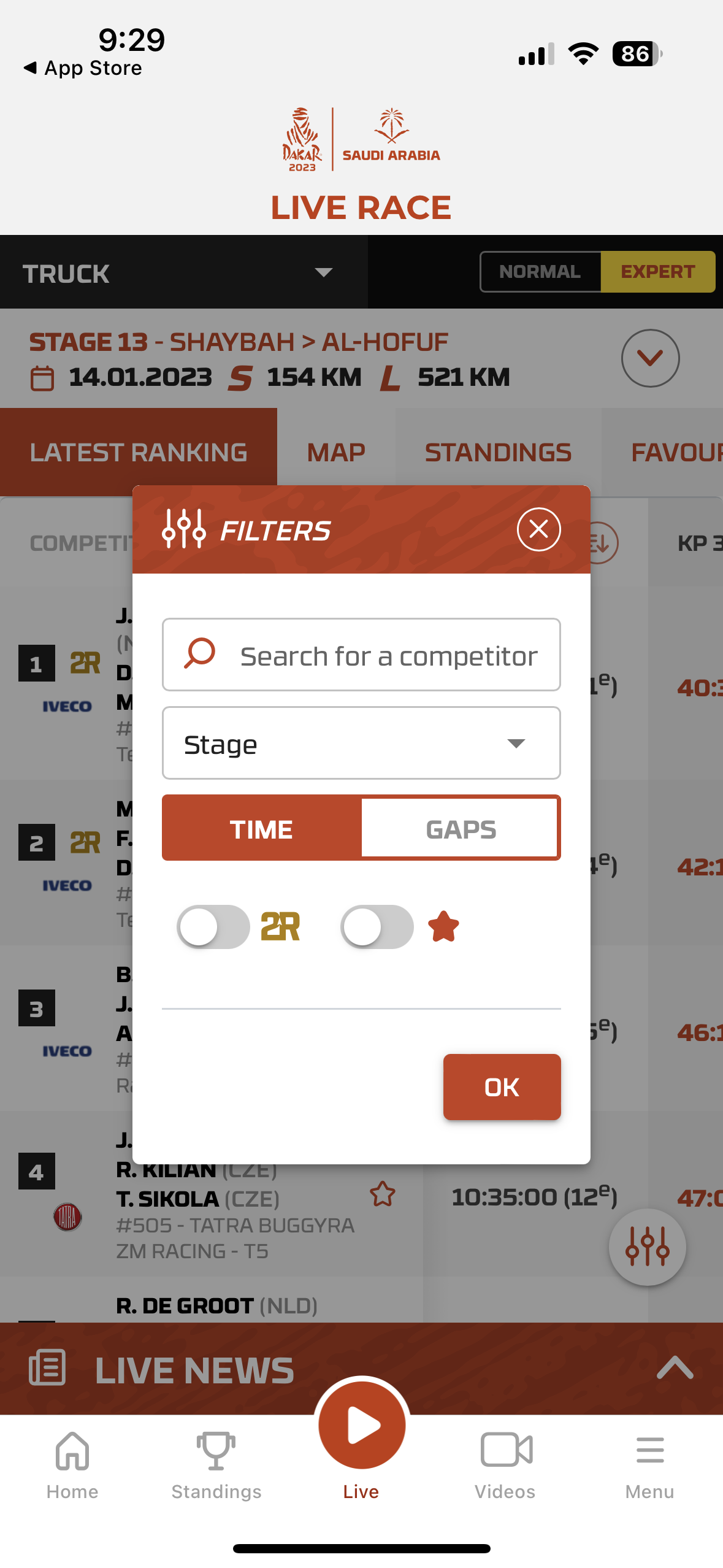 dakar live race filters