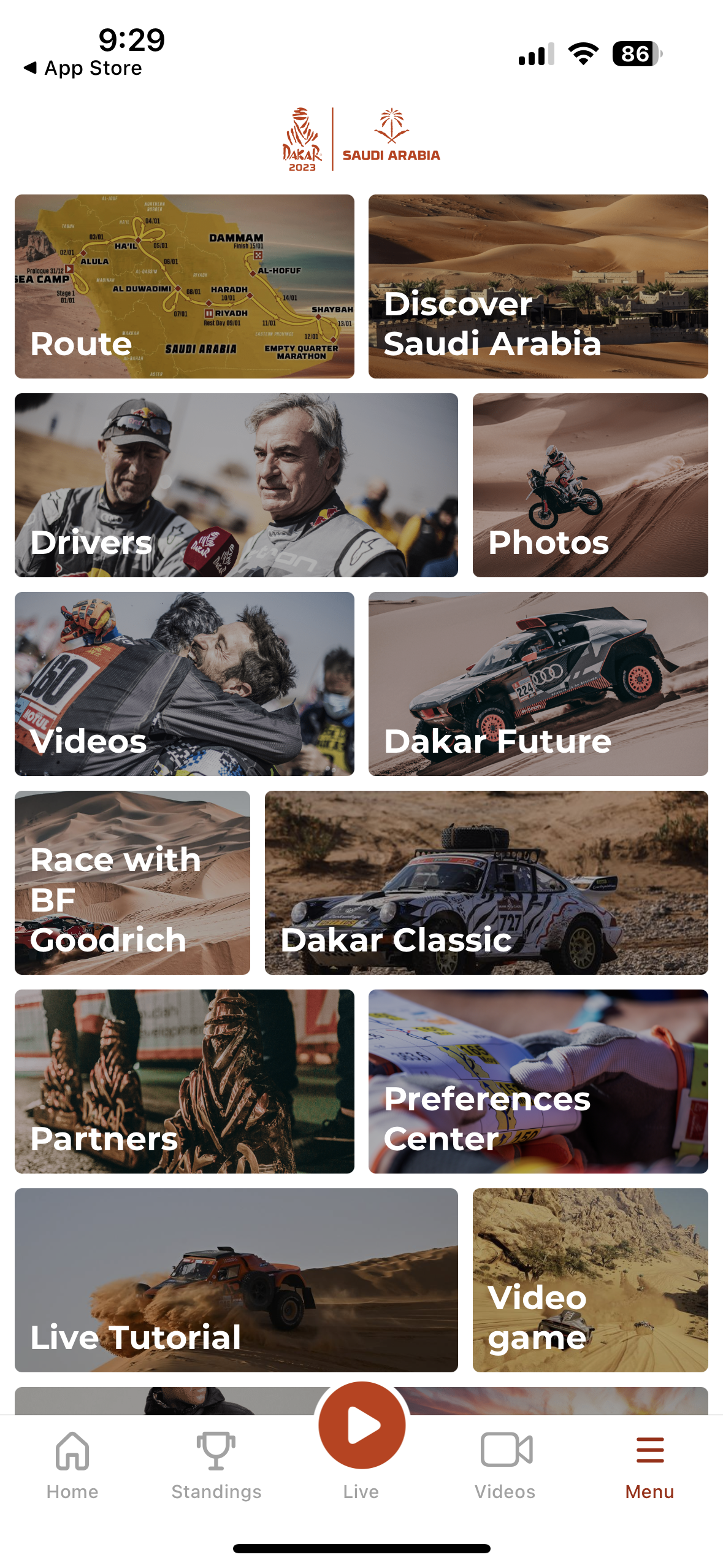 dakar rally app menu
