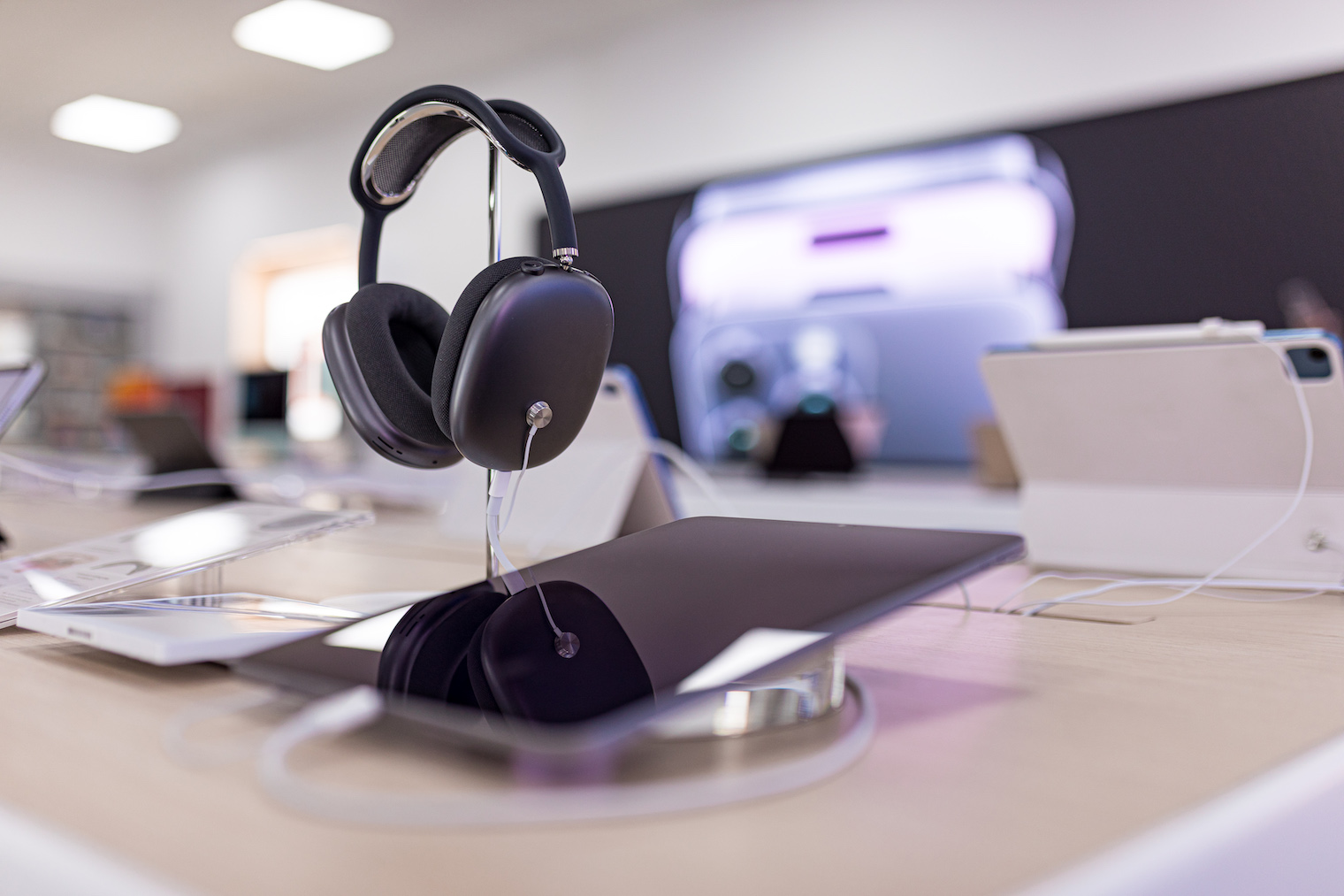 headphones display in tech store