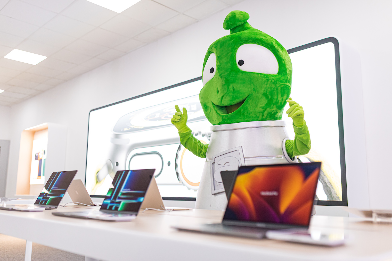 mascot and laptops display