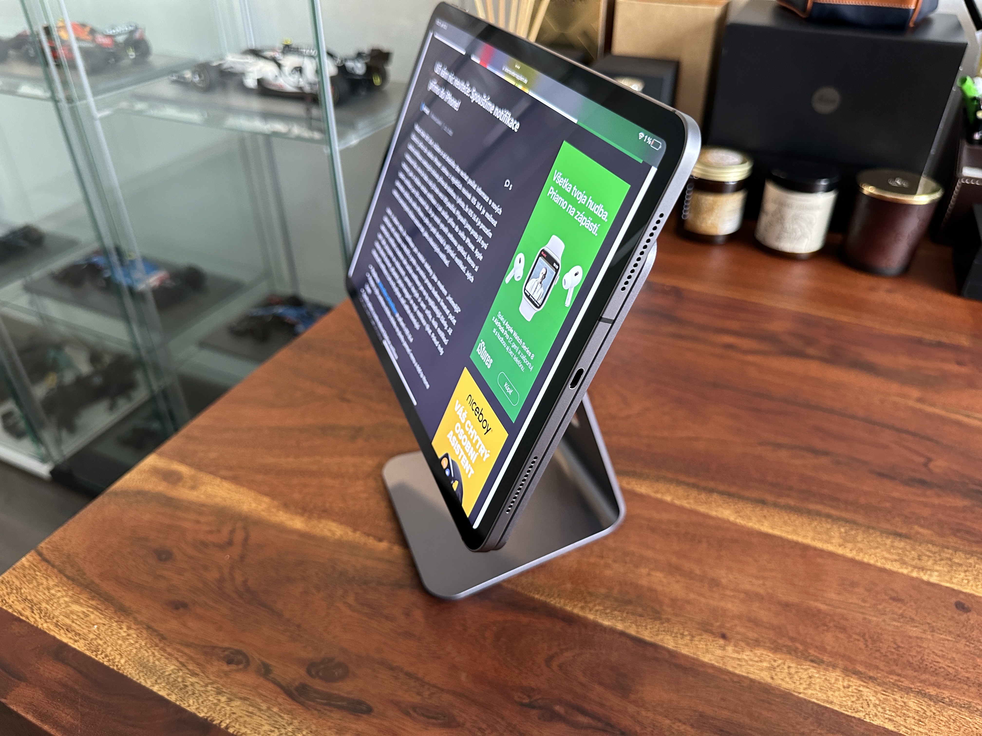 tablet on stand angle view