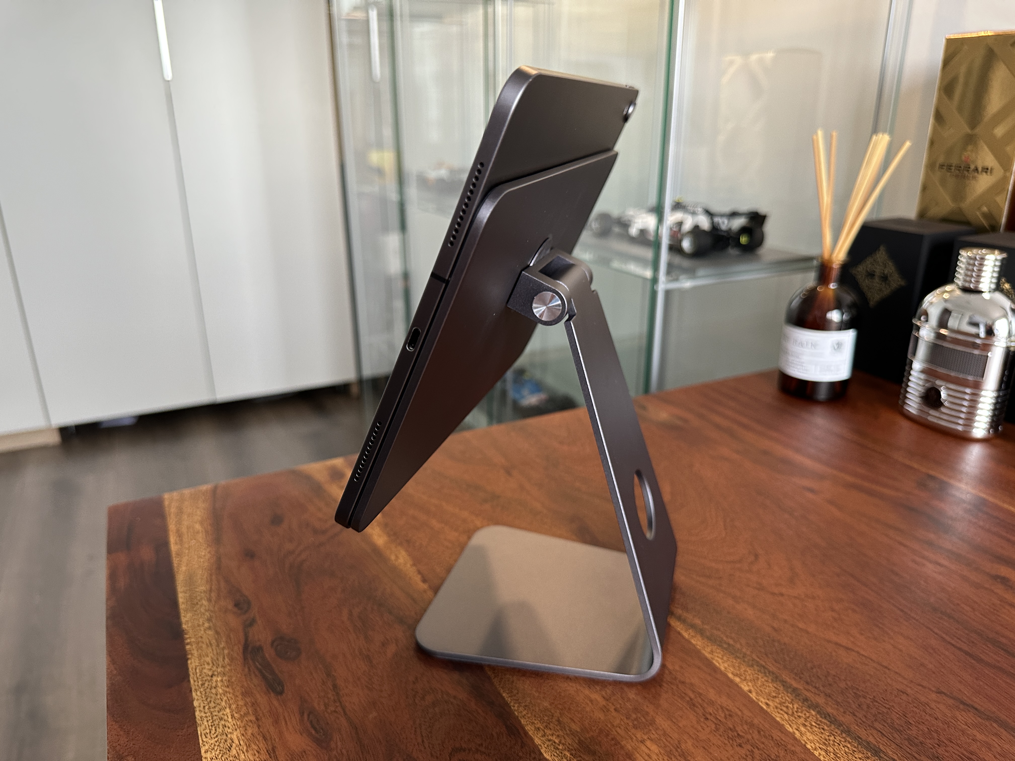tablet on stand side view