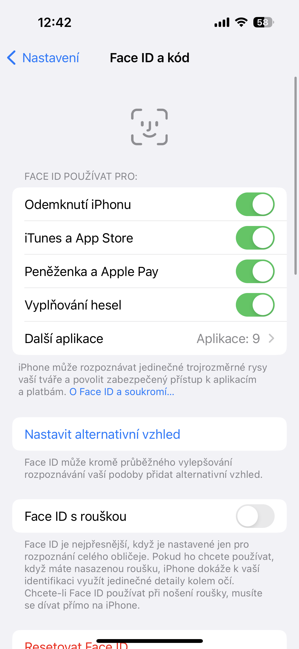face id settings iphone