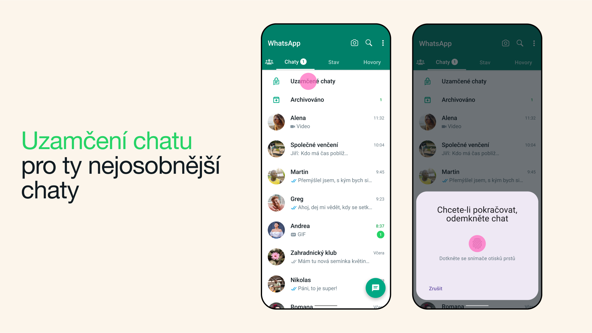 Uzamčení chatu WahtsApp Uzamčení chatu WahtsApp