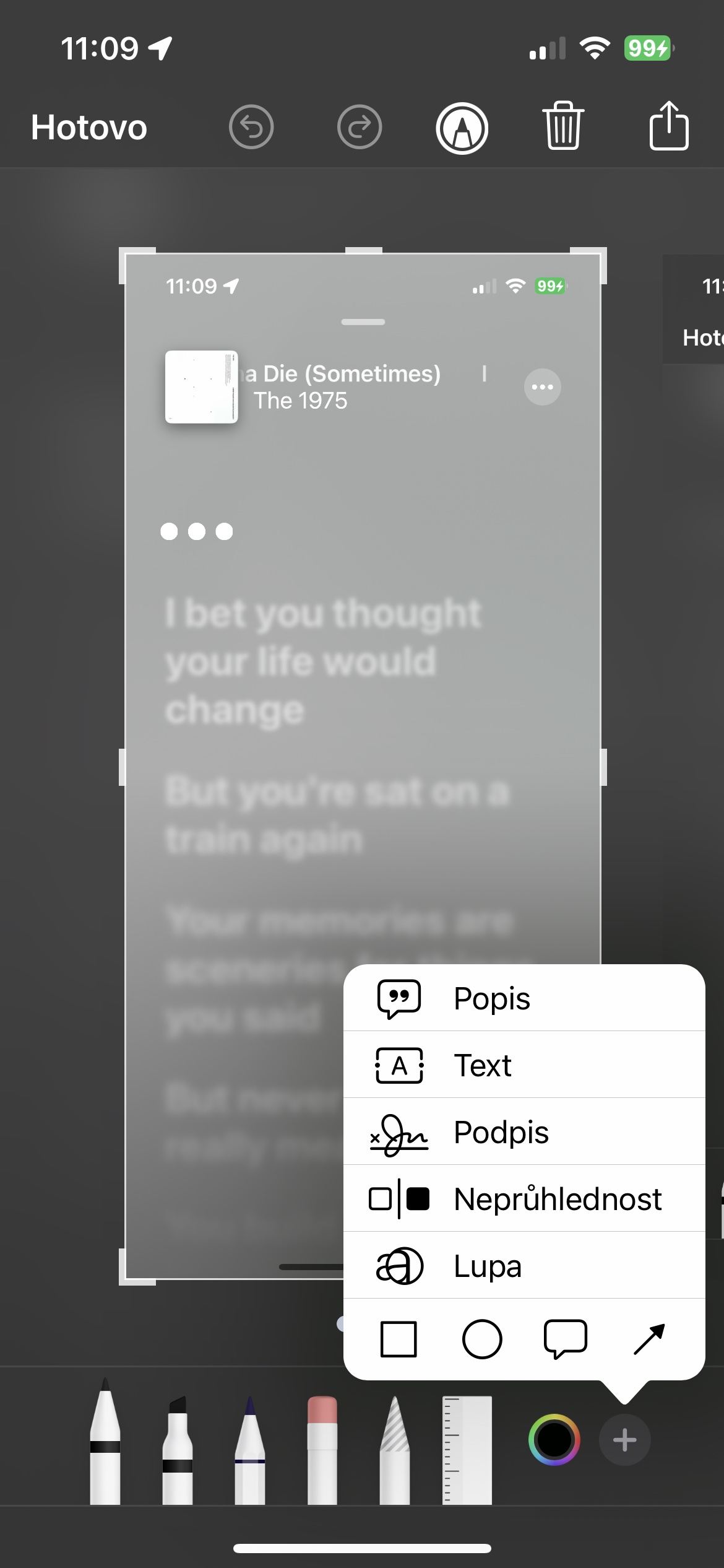 blurred lyrics screen with menu