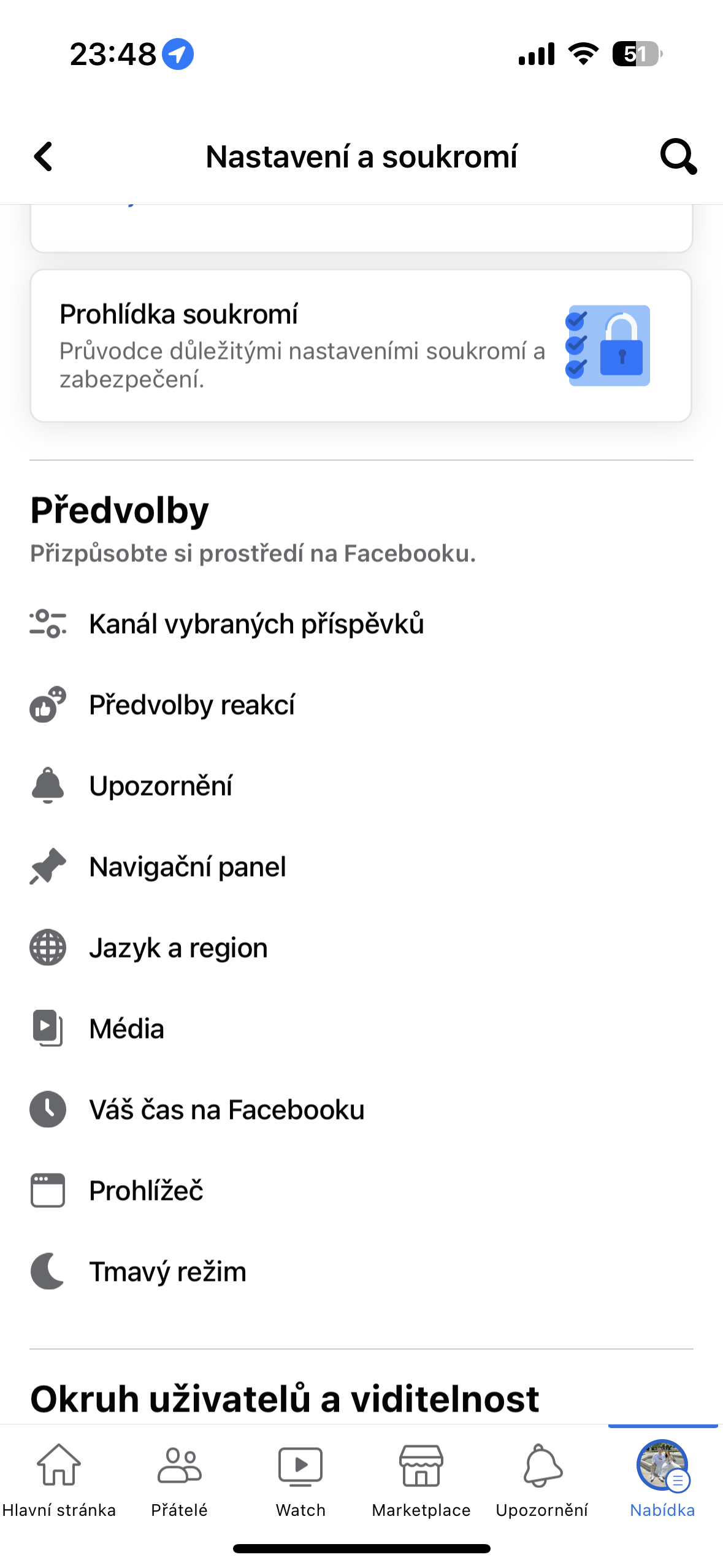 facebook preferences menu