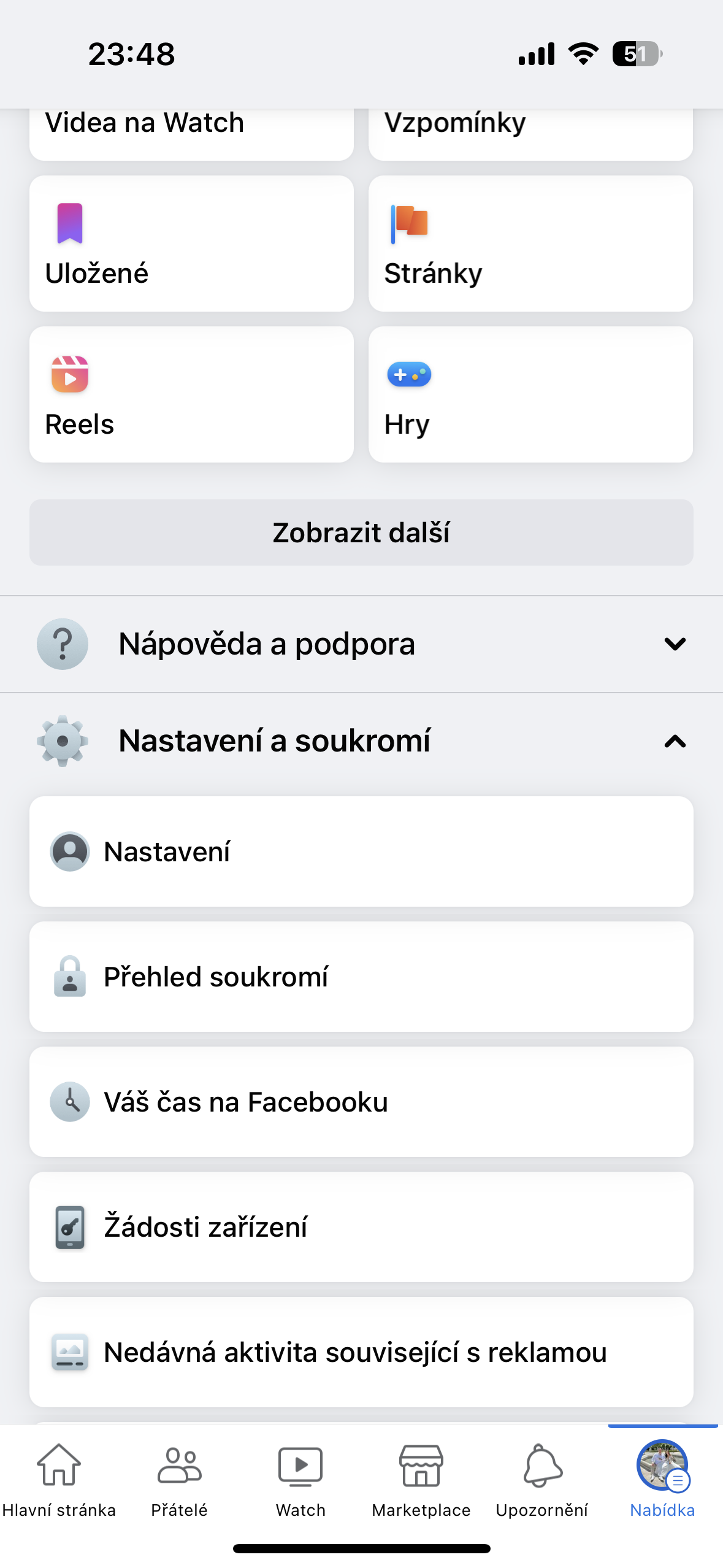 facebook settings menu