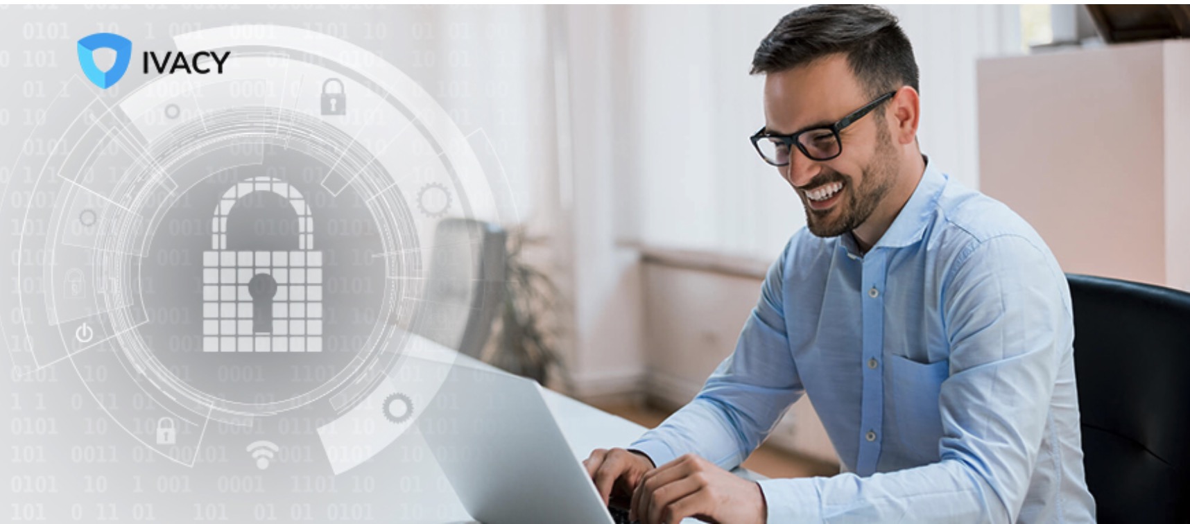 man using laptop with security icon