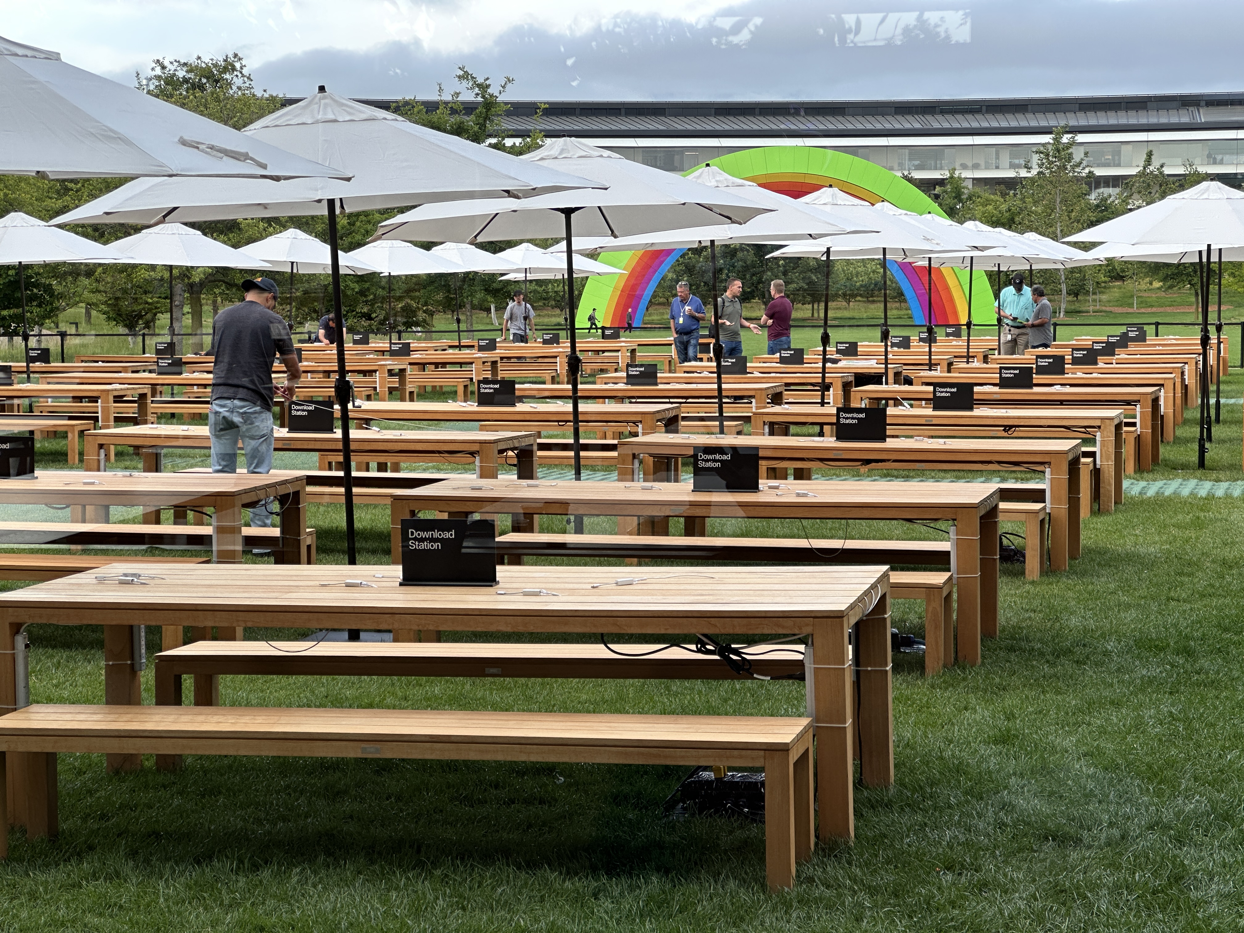 outdoor seating rainbow umbrellas