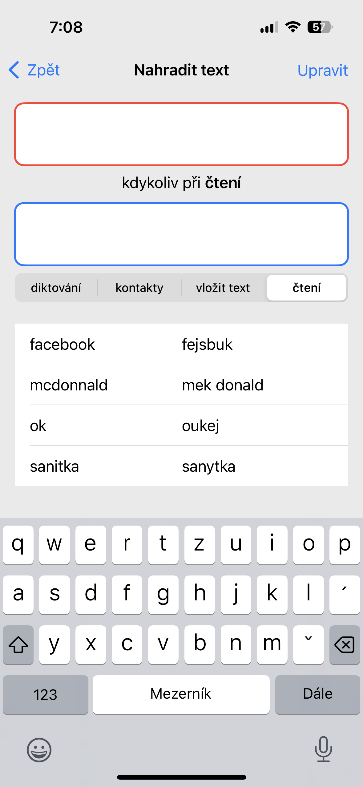 reading settings screen