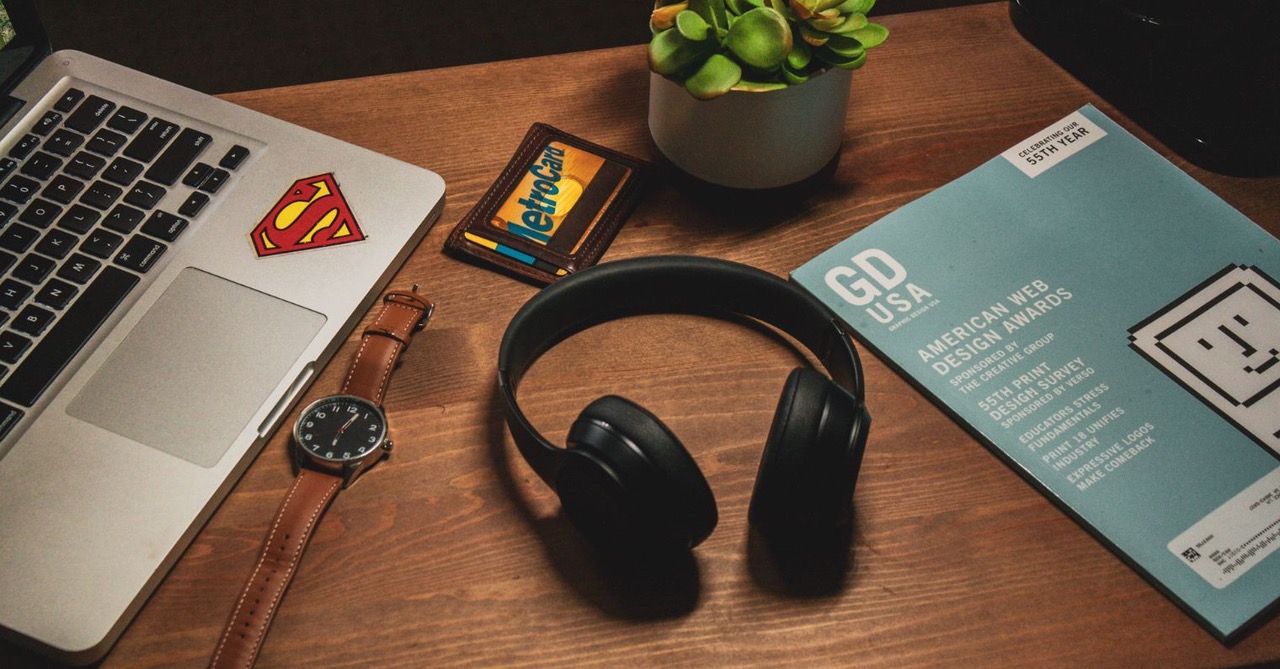 workspace with headphones and laptop workspace with headphones and laptop