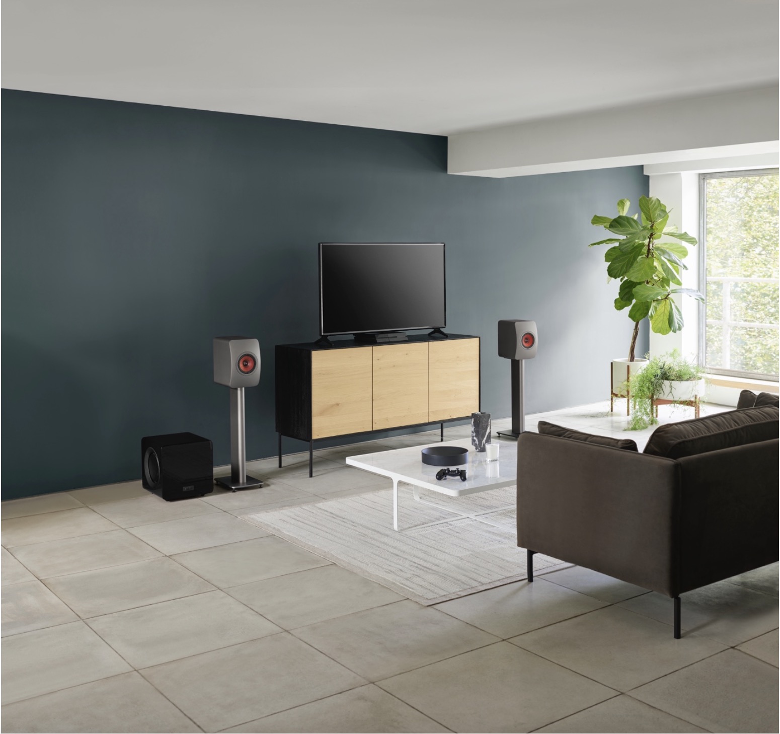 contemporary living room speaker setup