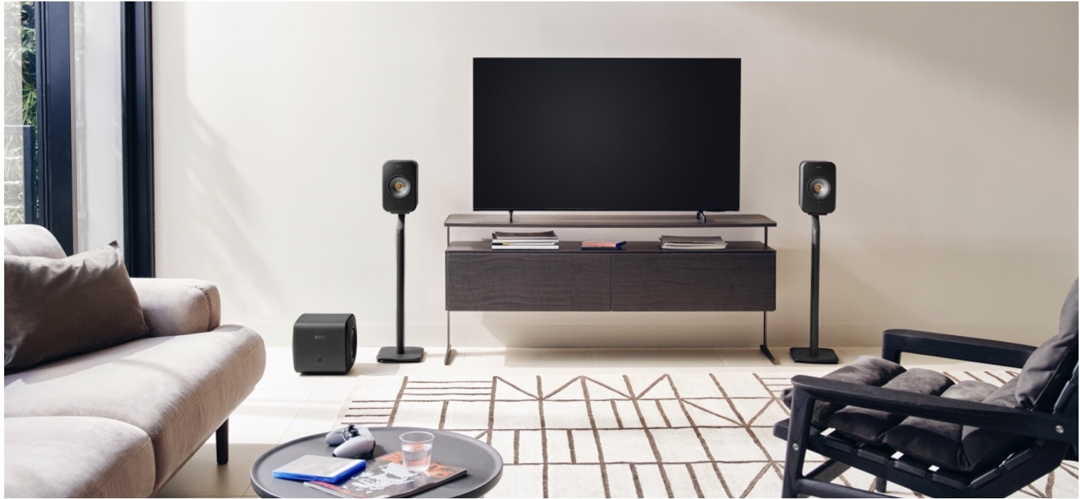 modern living room speaker setup