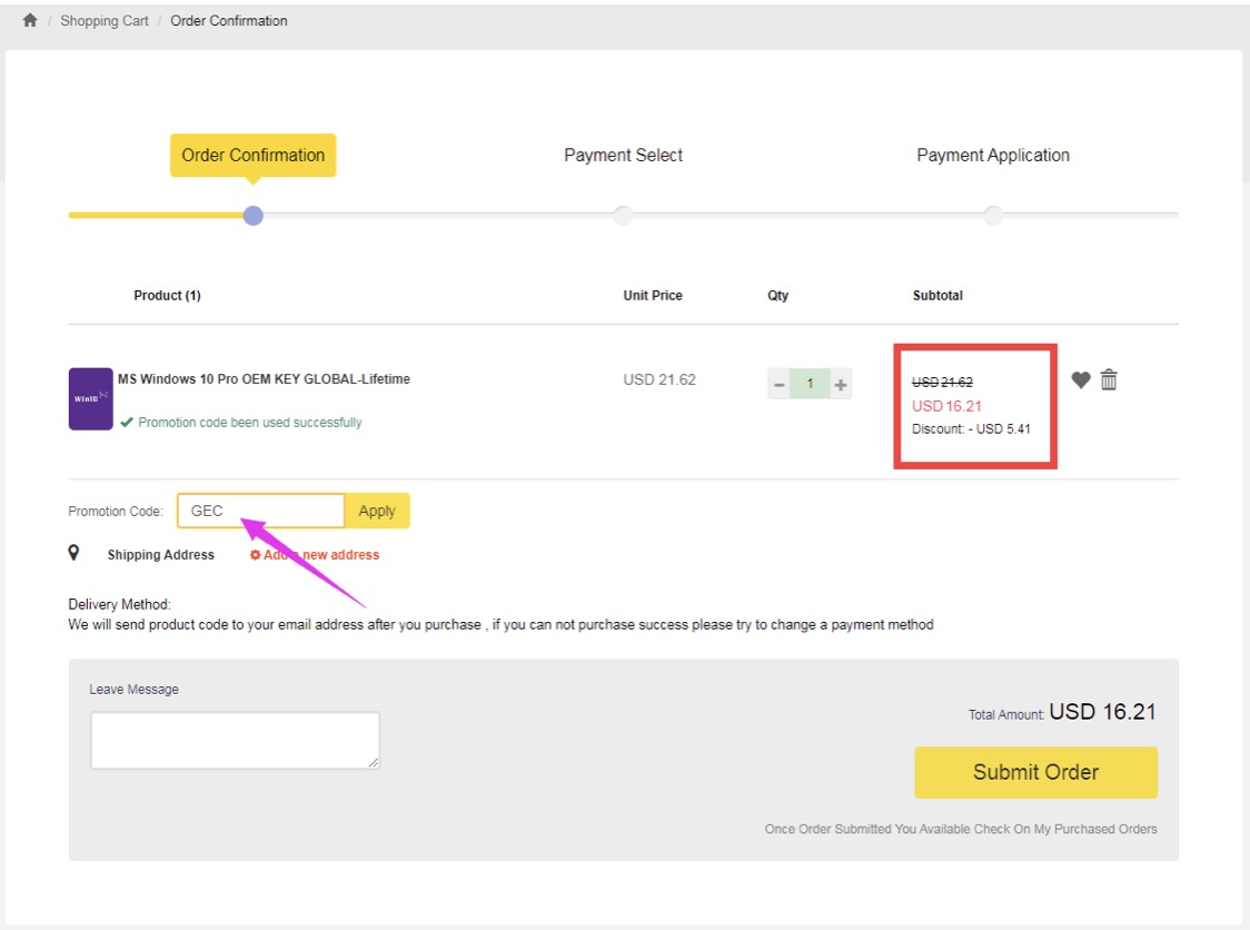 order confirmation page