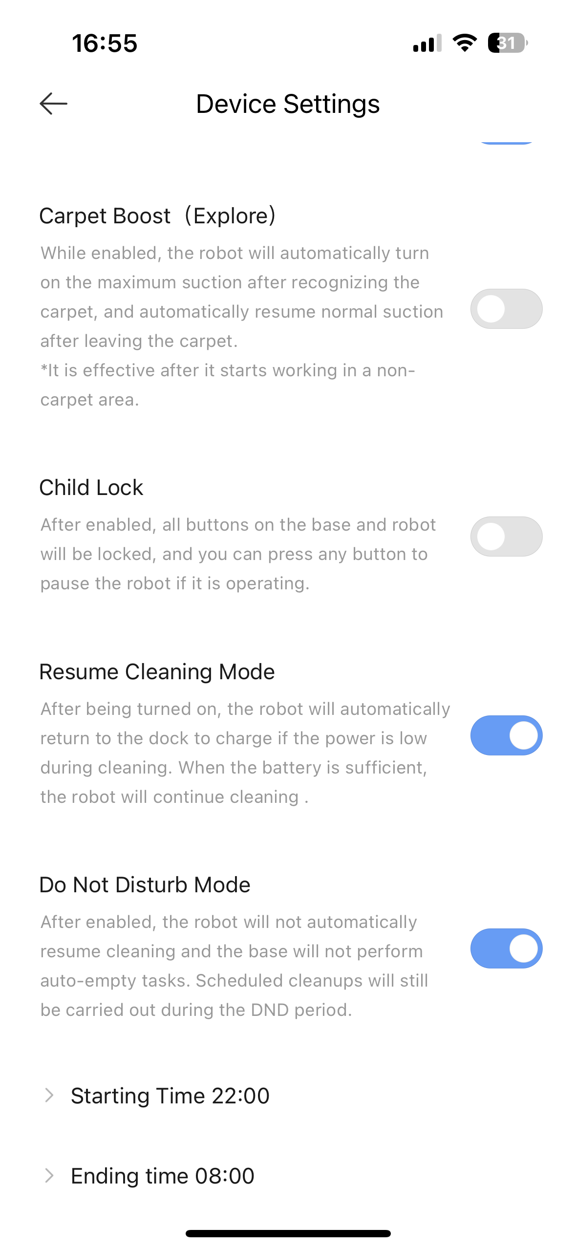 device settings options
