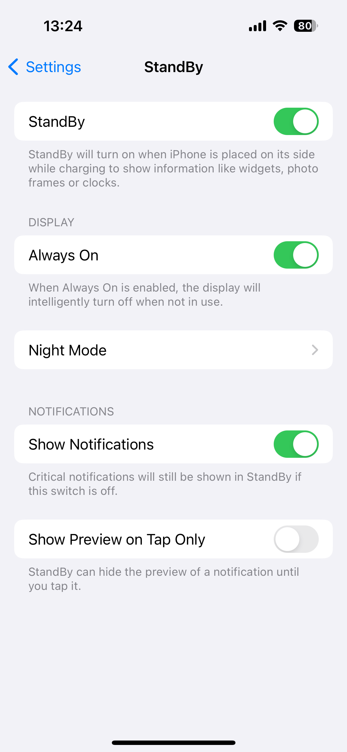 standby settings options