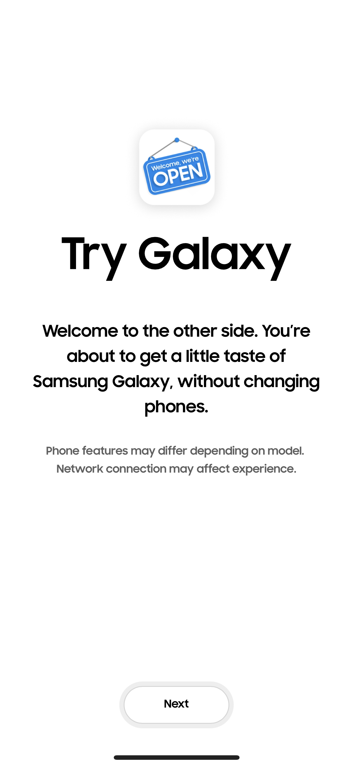 try galaxy welcome screen