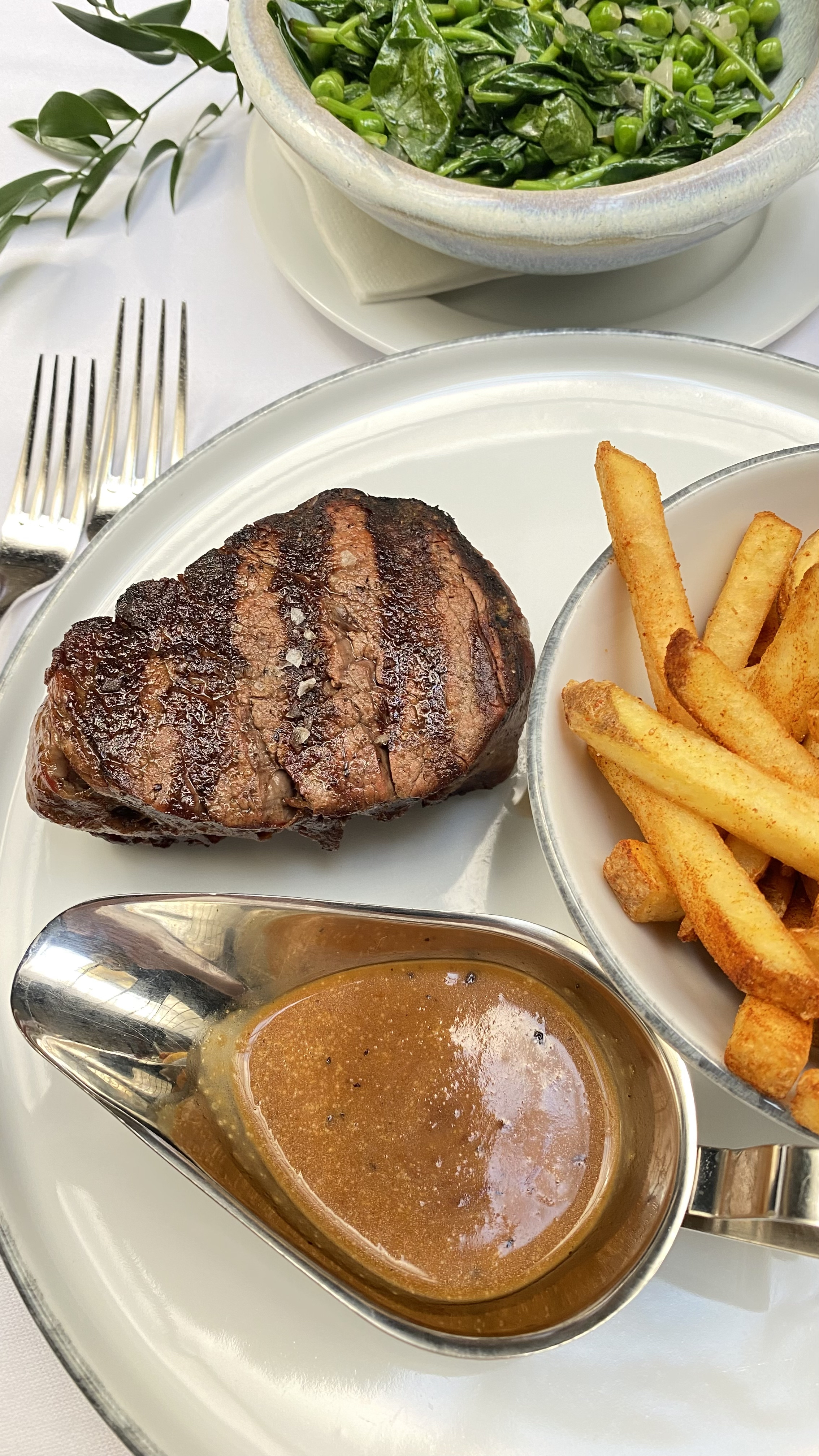 grilled steak with fries and sauce