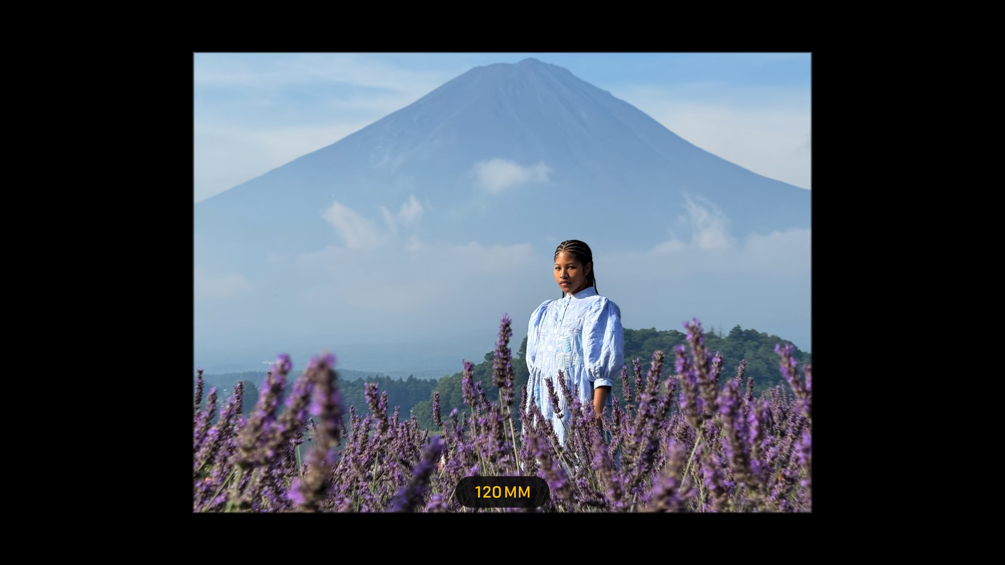 portrait in lavender field with mountain