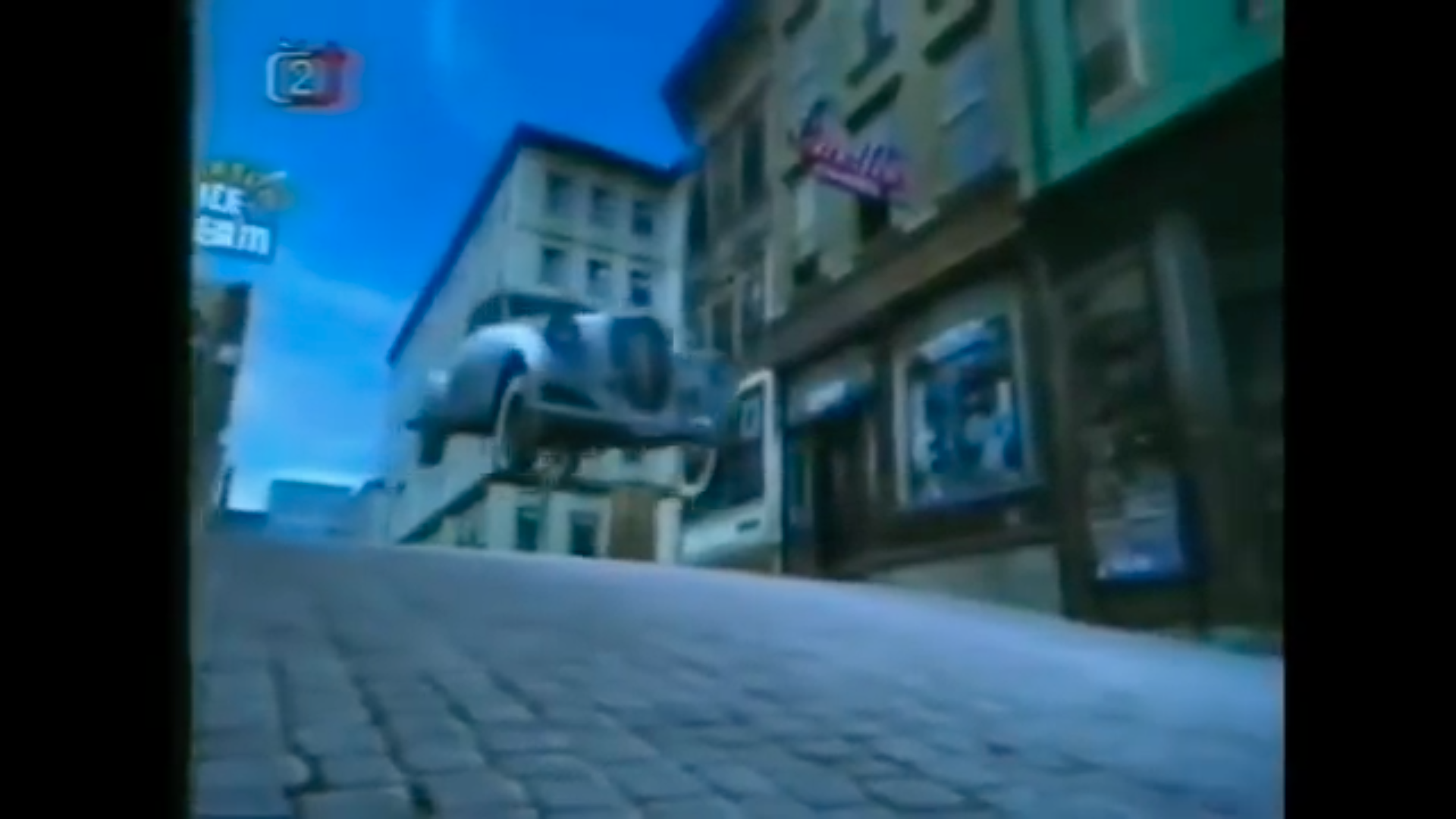 vintage car jumping in city